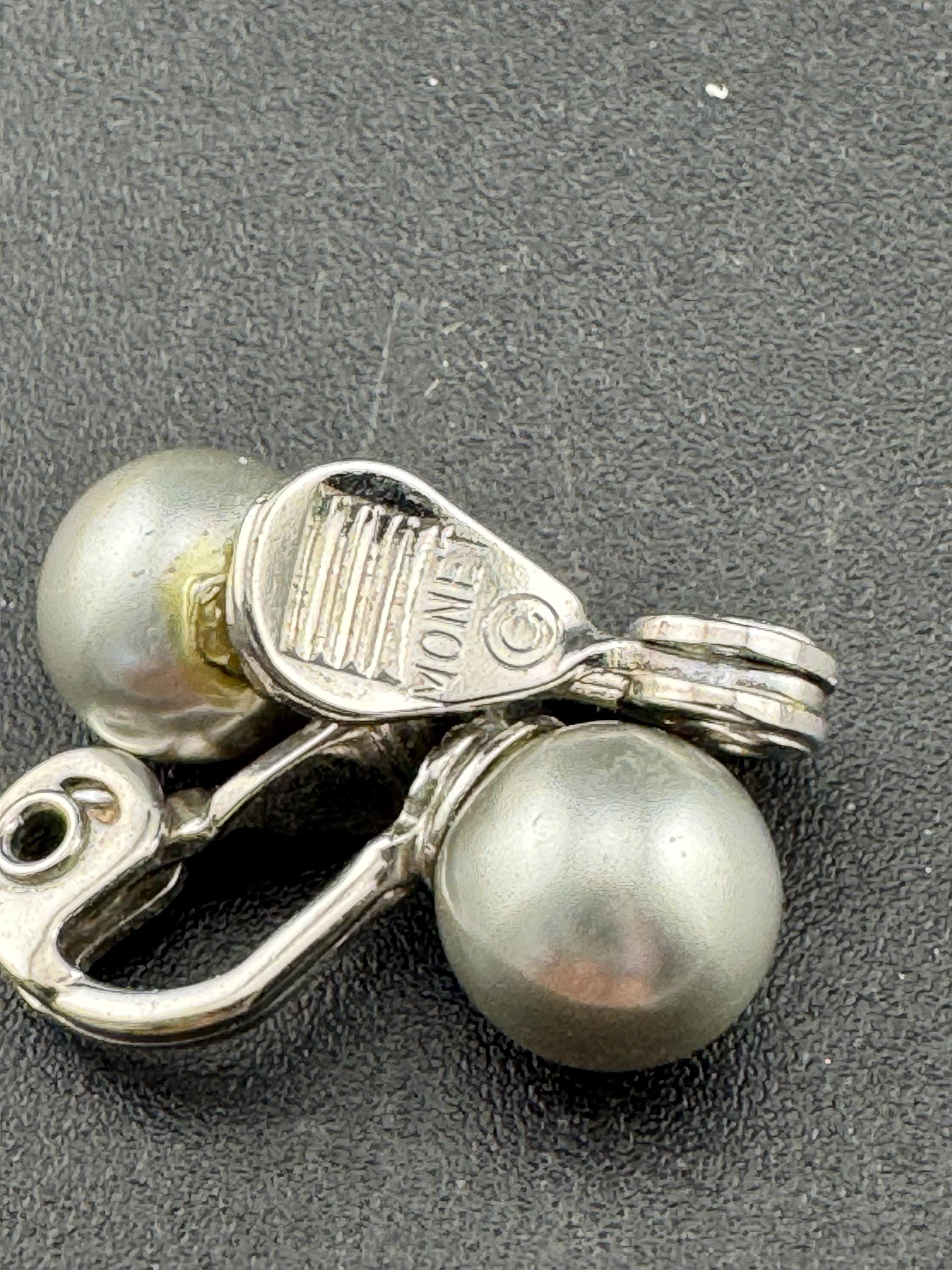 Vintage Monet Faux Pearl Clip On Earrings: Silver Tone Ball Studs