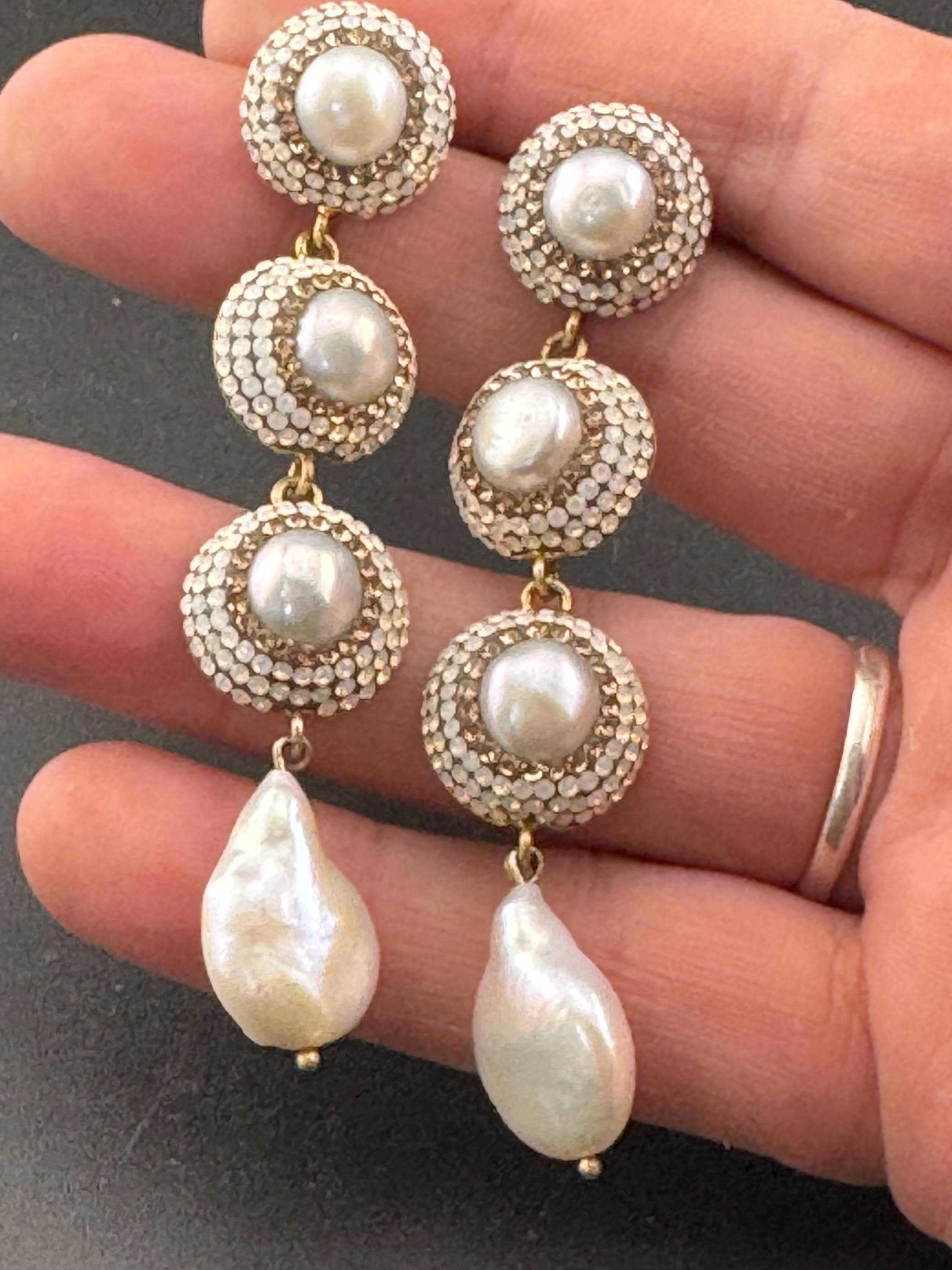 SORU Baroque Pearl Drop Earrings: 925 Silver Gilt Diamanté, 7cm