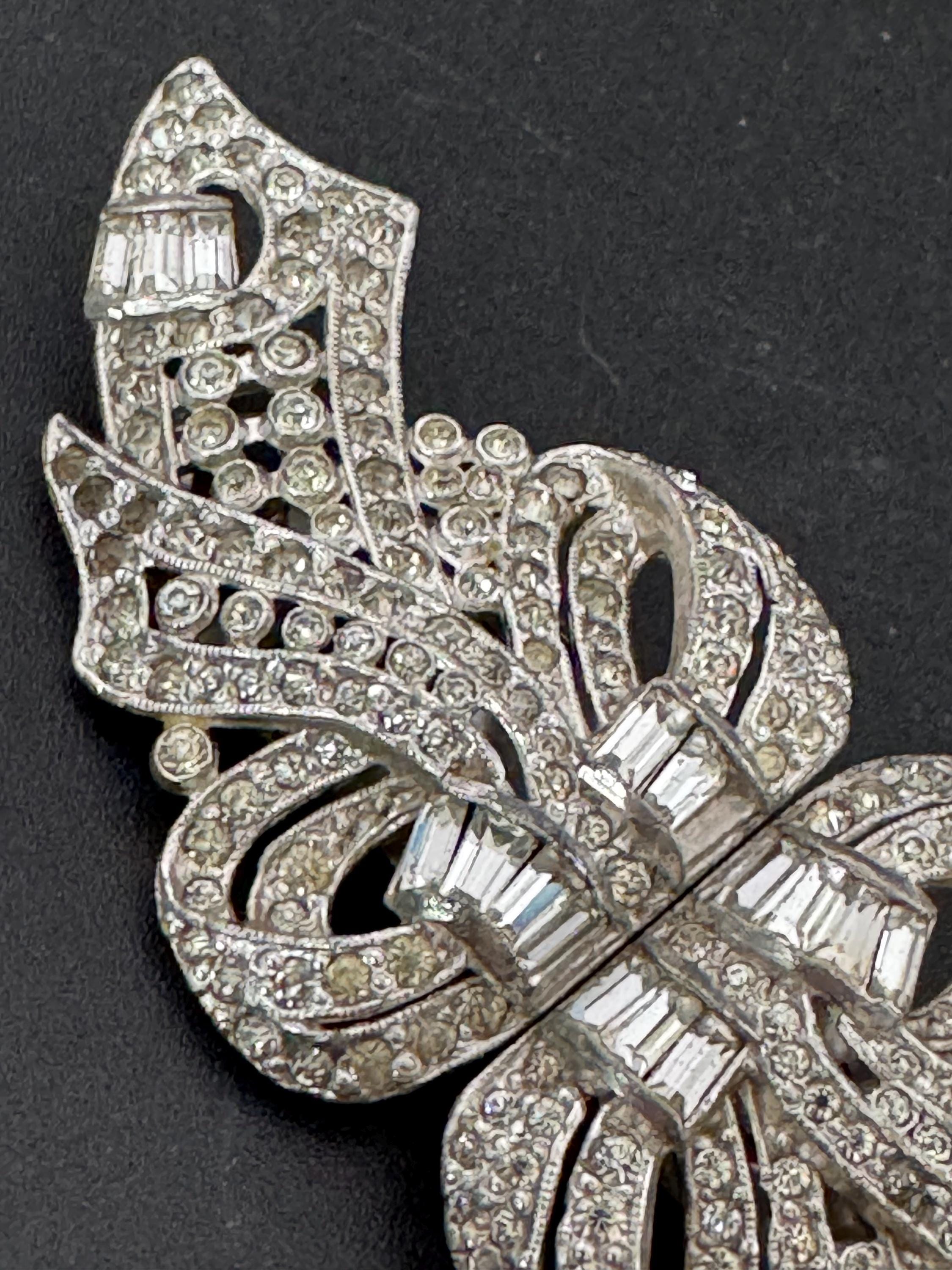 Vintage pair of rhinestone Dress Clips Combination Brooch, duette clip in Silver chrome metal Art Deco