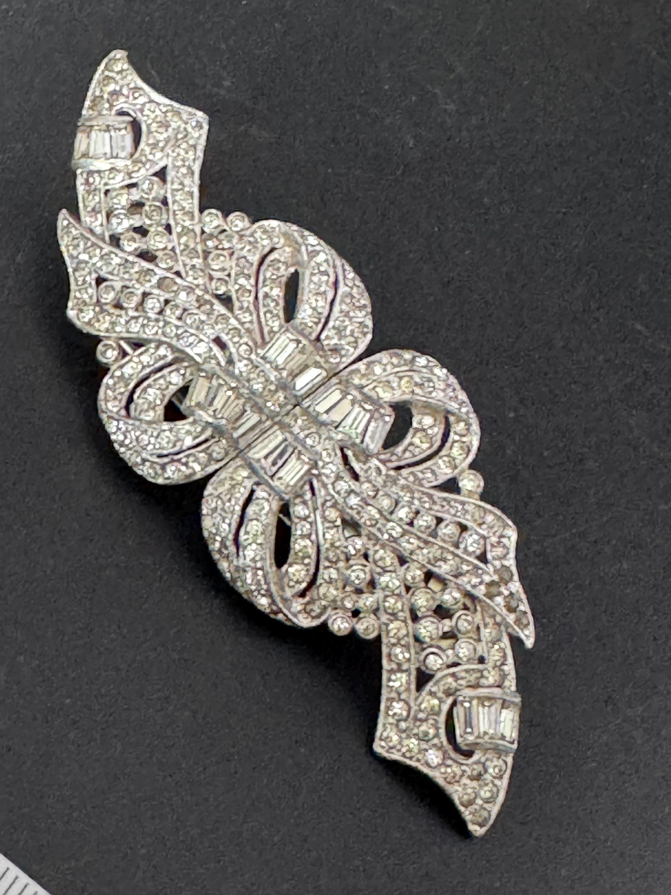 Vintage pair of rhinestone Dress Clips Combination Brooch, duette clip in Silver chrome metal Art Deco