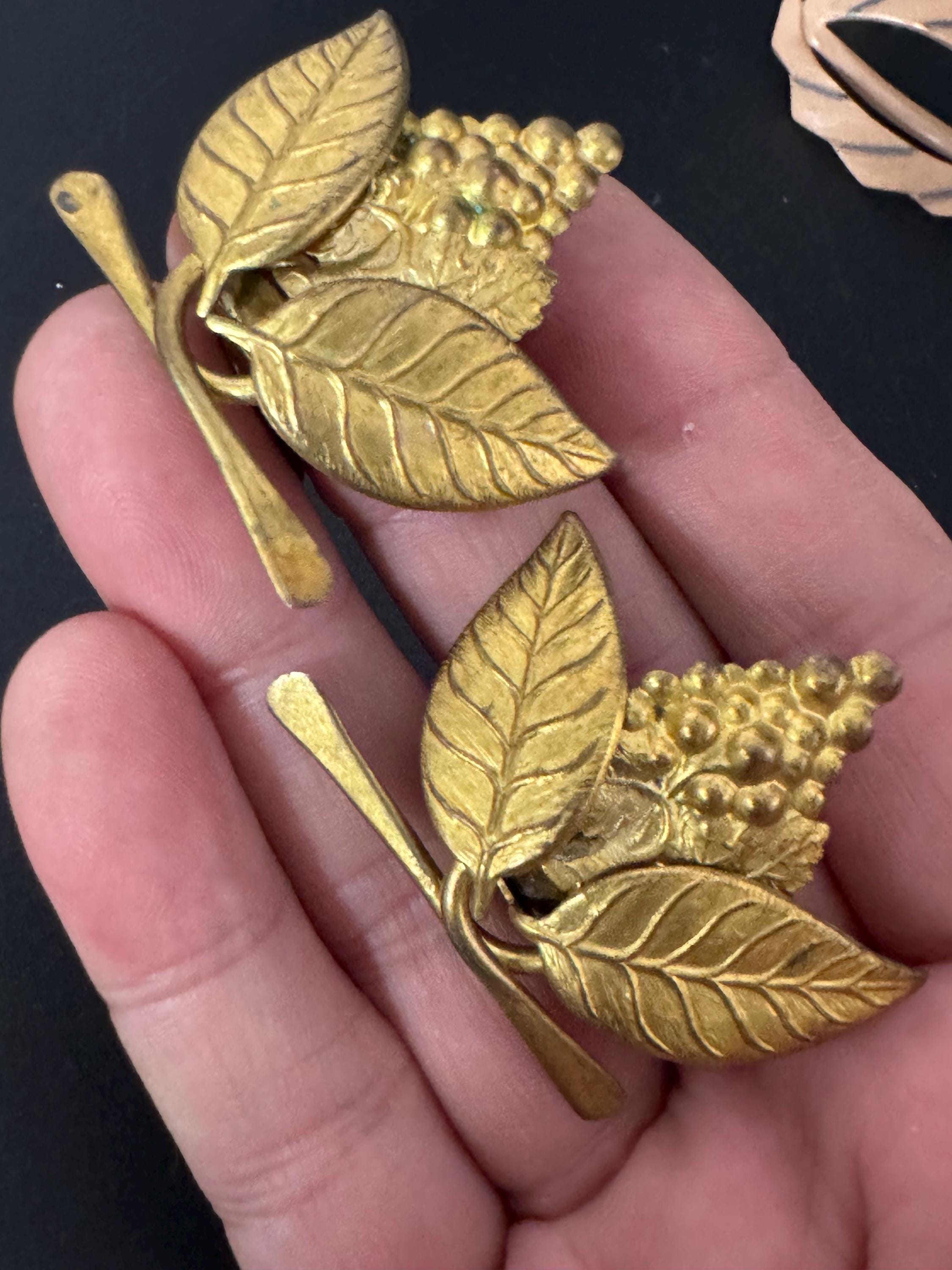 Art Deco Czech Brass Dress Clips: Grapes & Leaves