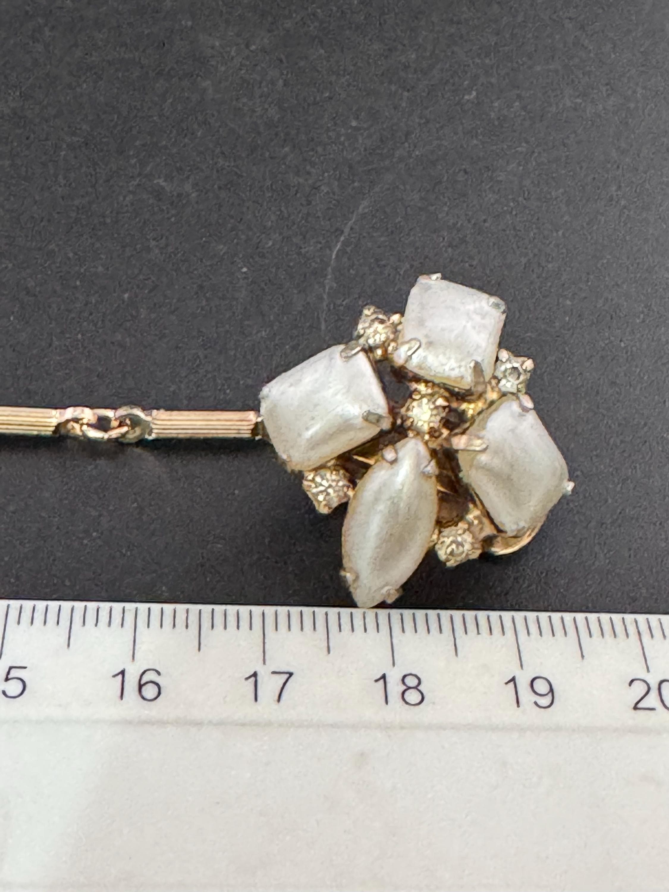 Rectangular face pearl and rhinestone vintage double gold tone mid century metal sweater guards jumper cloak clips