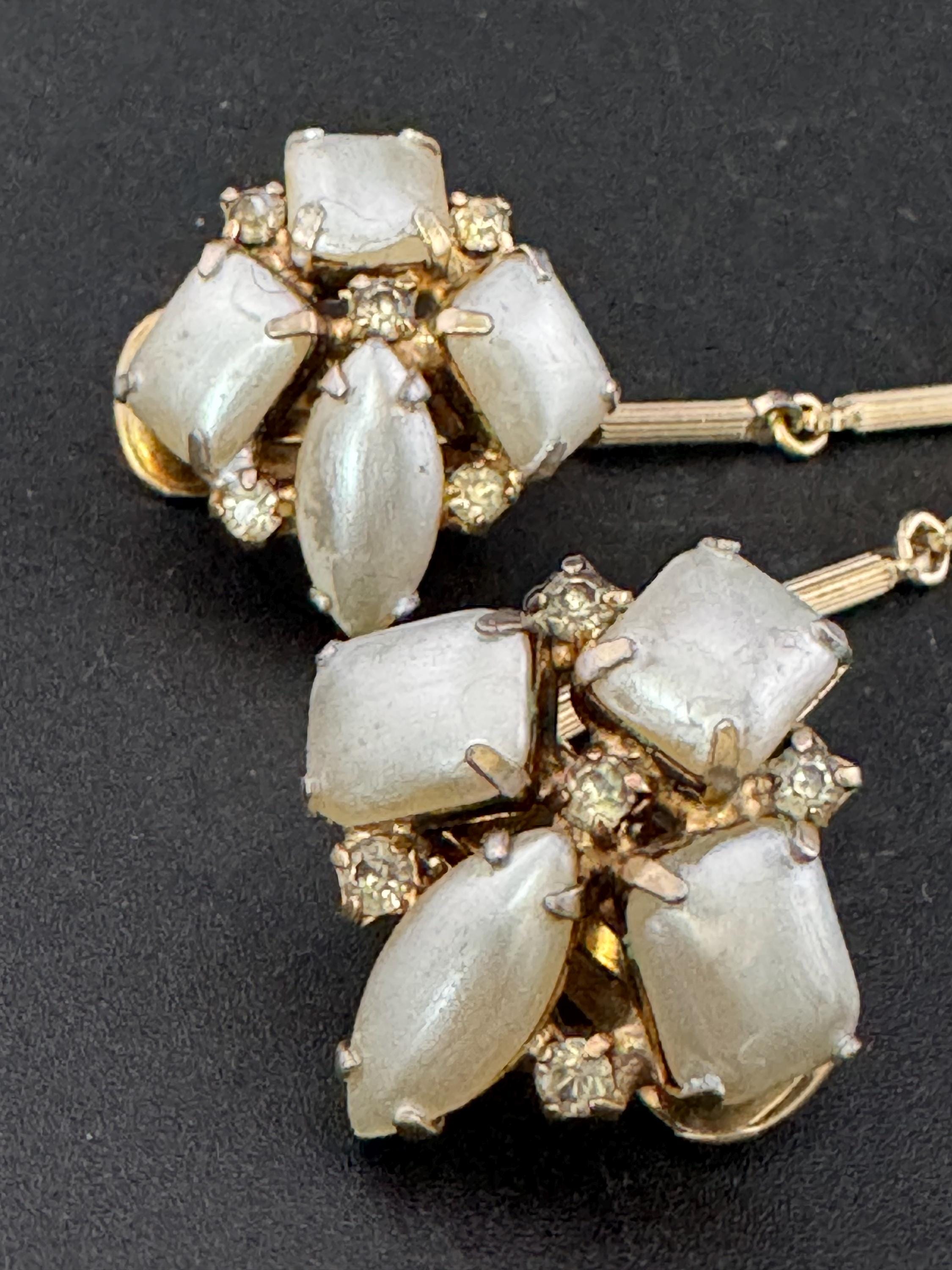 Rectangular face pearl and rhinestone vintage double gold tone mid century metal sweater guards jumper cloak clips