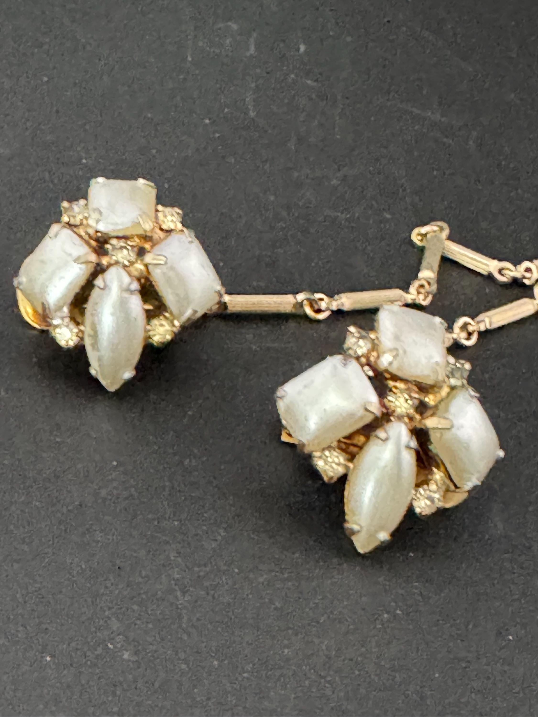 Rectangular face pearl and rhinestone vintage double gold tone mid century metal sweater guards jumper cloak clips