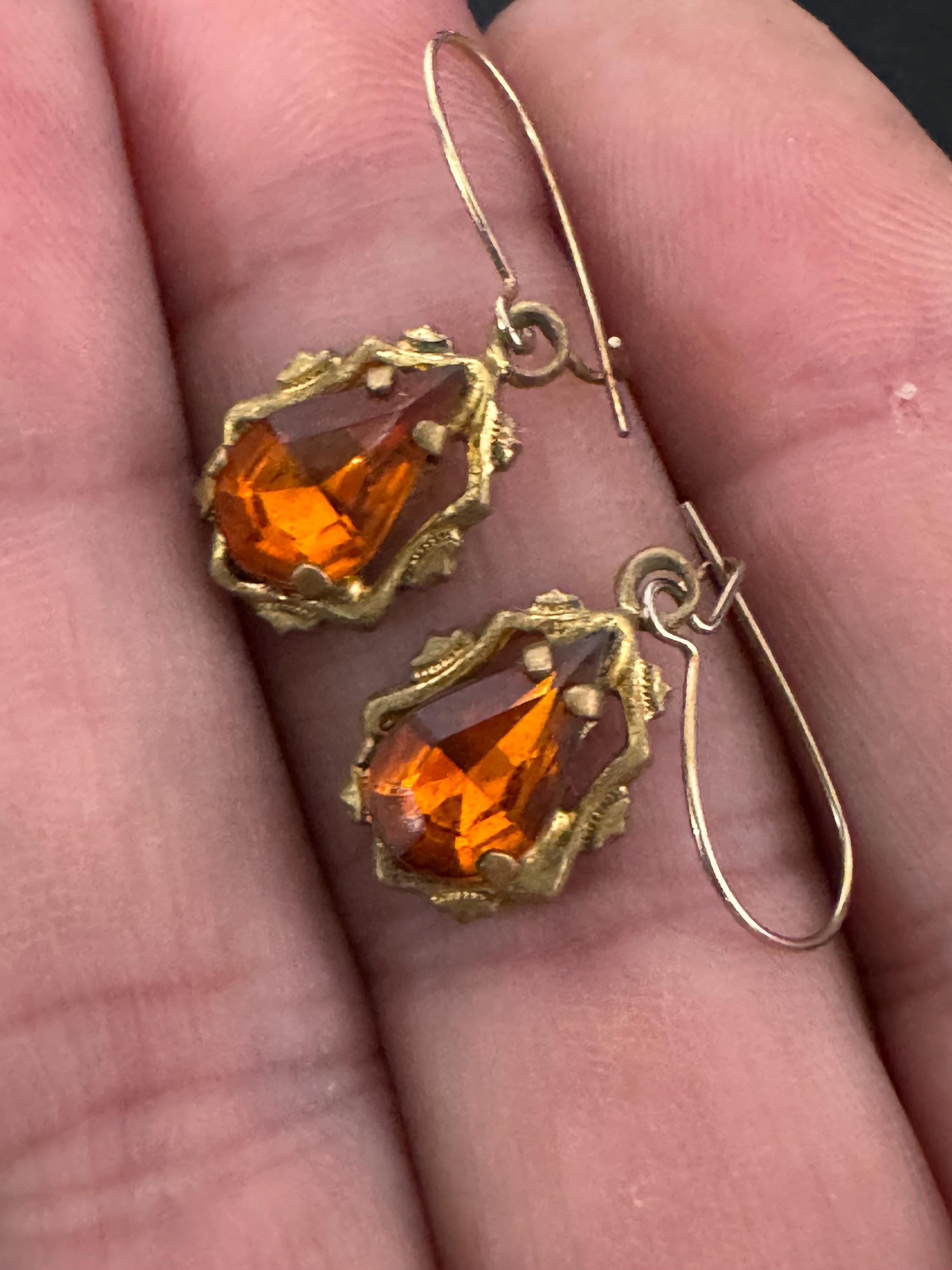 Rolled Gold Amber Glass Teardrop Clip On Earrings