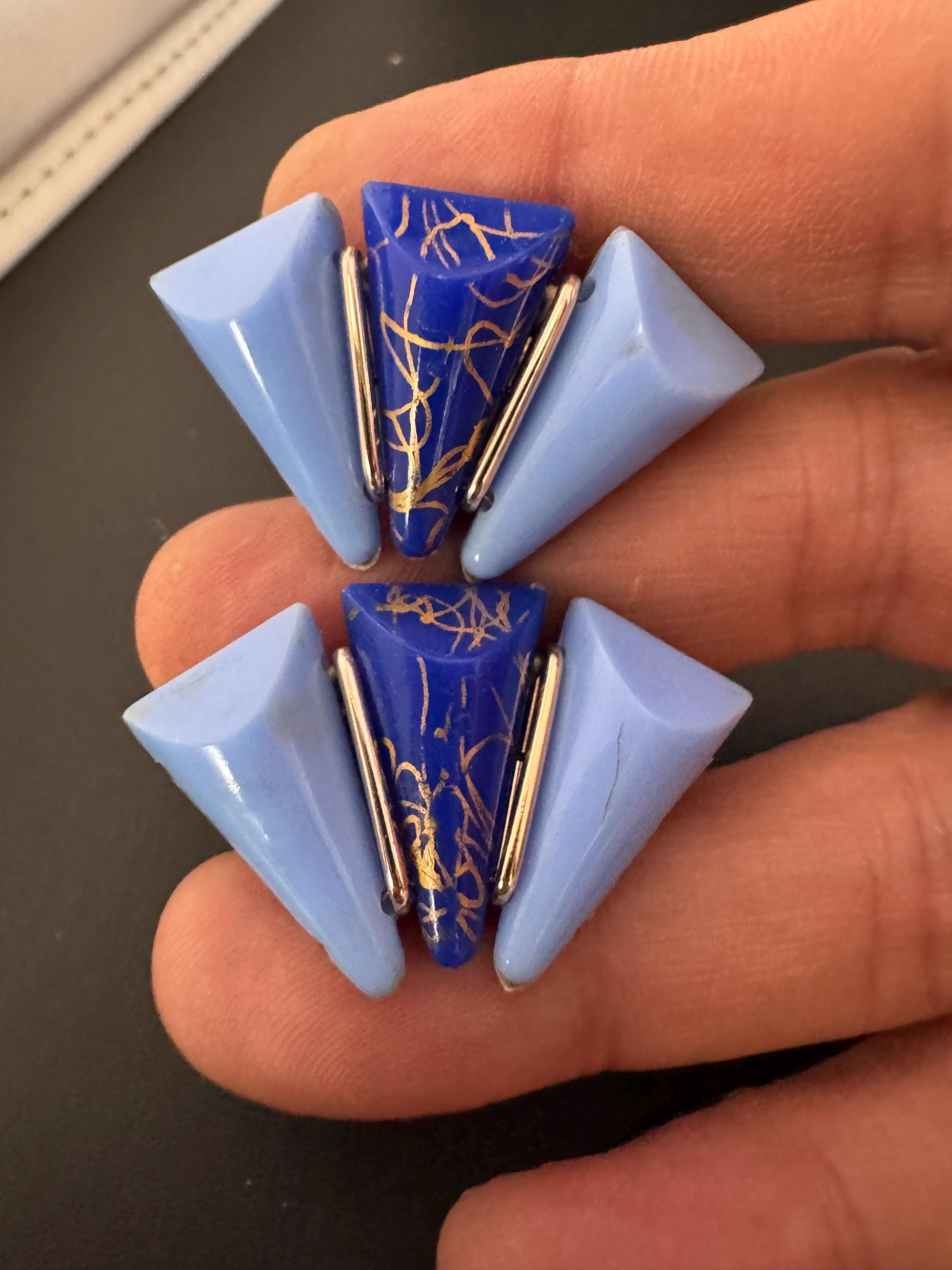 Vintage triangular blue and silver plastic panels Geometric large clip on earrings
