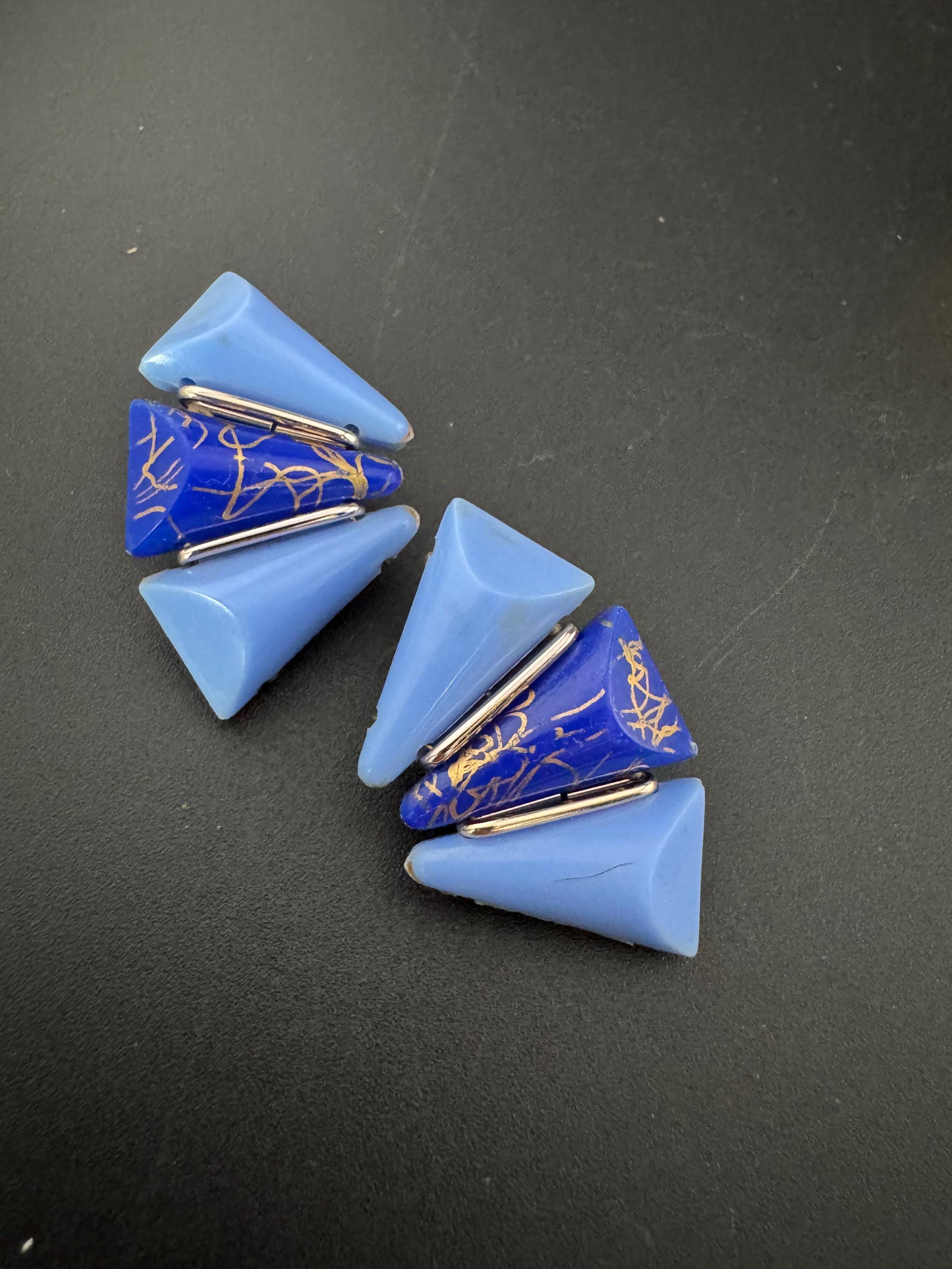 Vintage triangular blue and silver plastic panels Geometric large clip on earrings