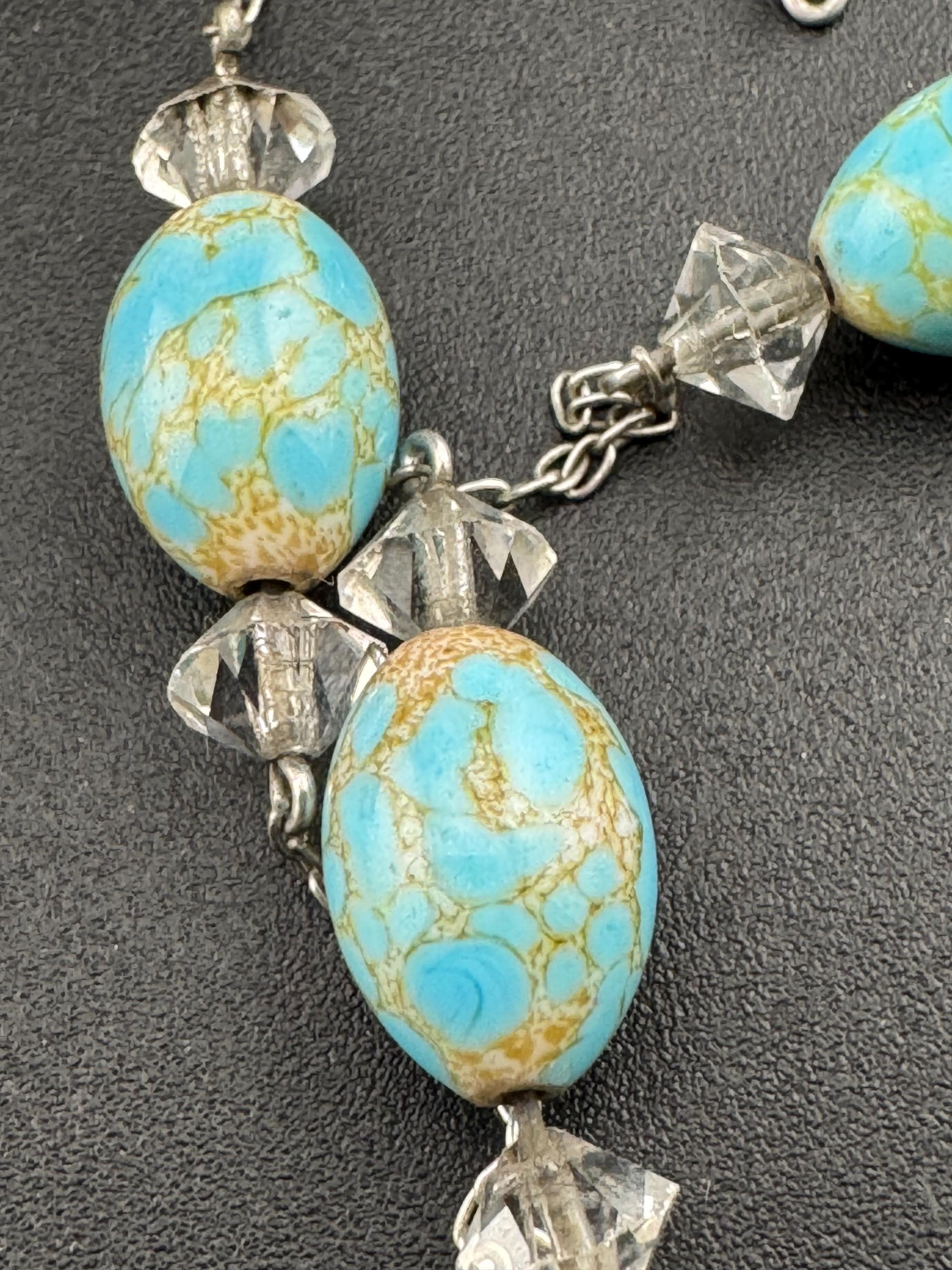 Vintage art deco clear glass crystal Nicole bead a turquoise Czech glass beaded necklace silver tone