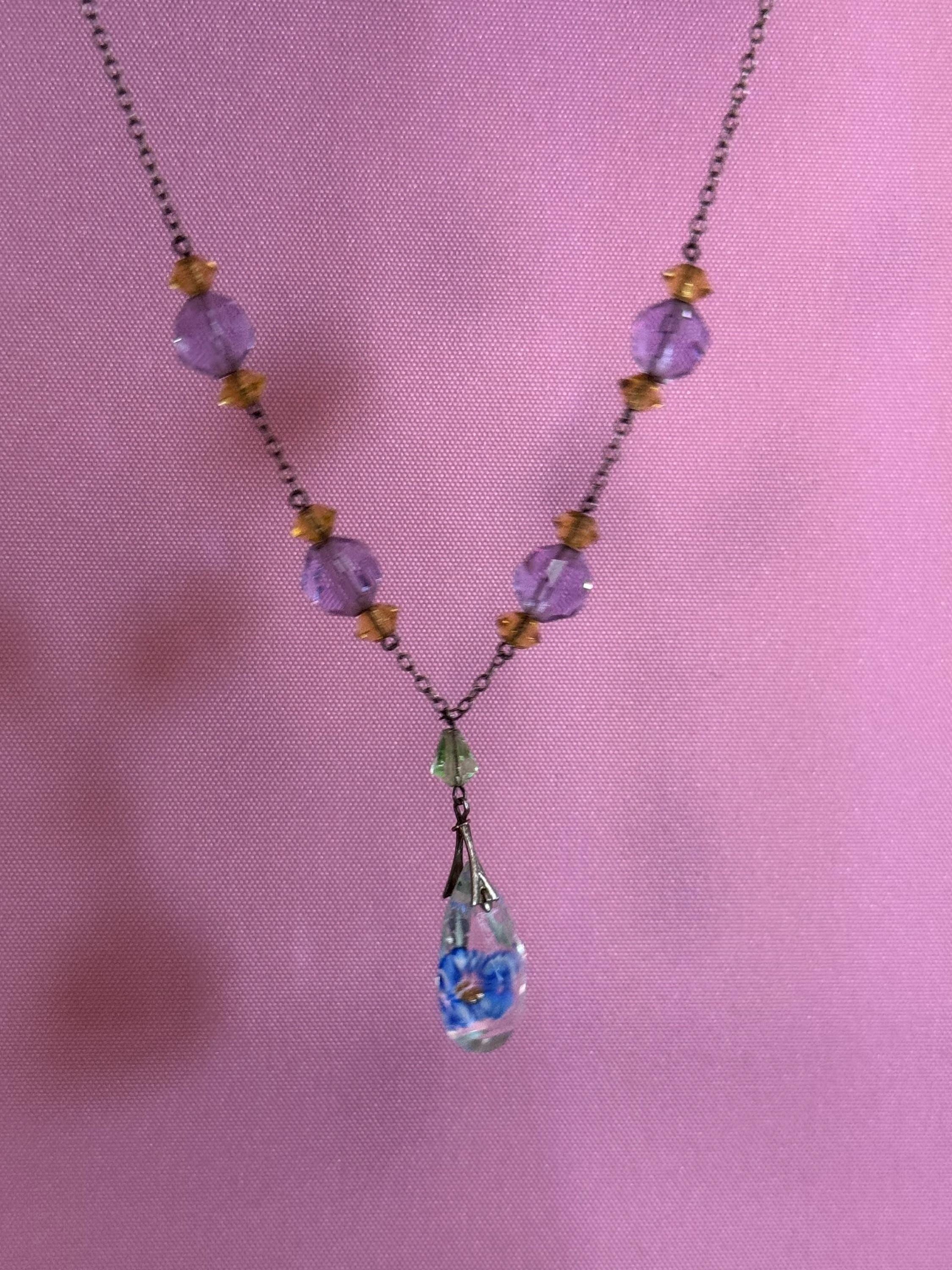 Art Deco 925 silver signed JbS lilac and citrine crystal clear diamante drop pendant necklace with floral reverse painted teardrop