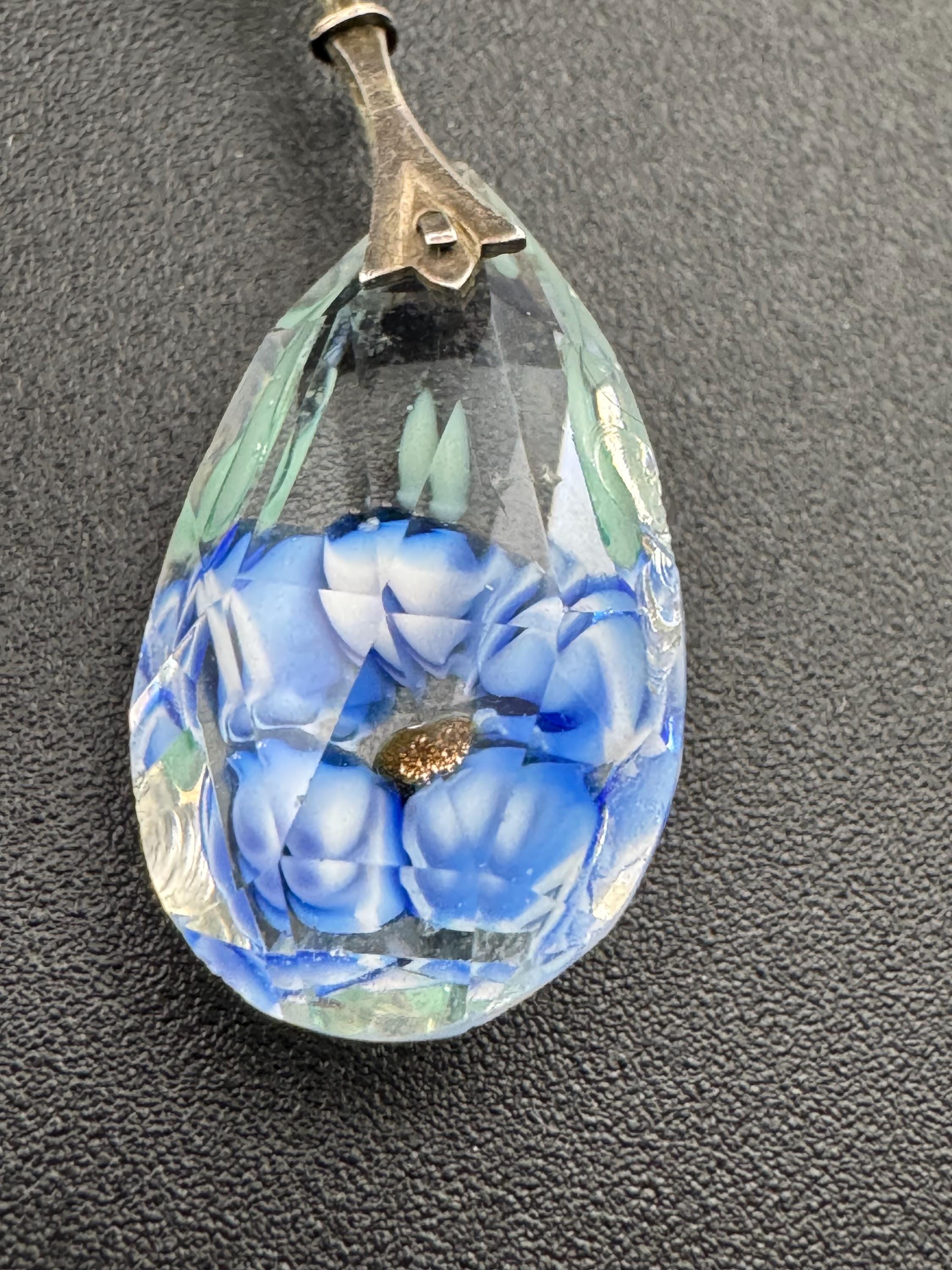 Art Deco 925 silver signed JbS lilac and citrine crystal clear diamante drop pendant necklace with floral reverse painted teardrop