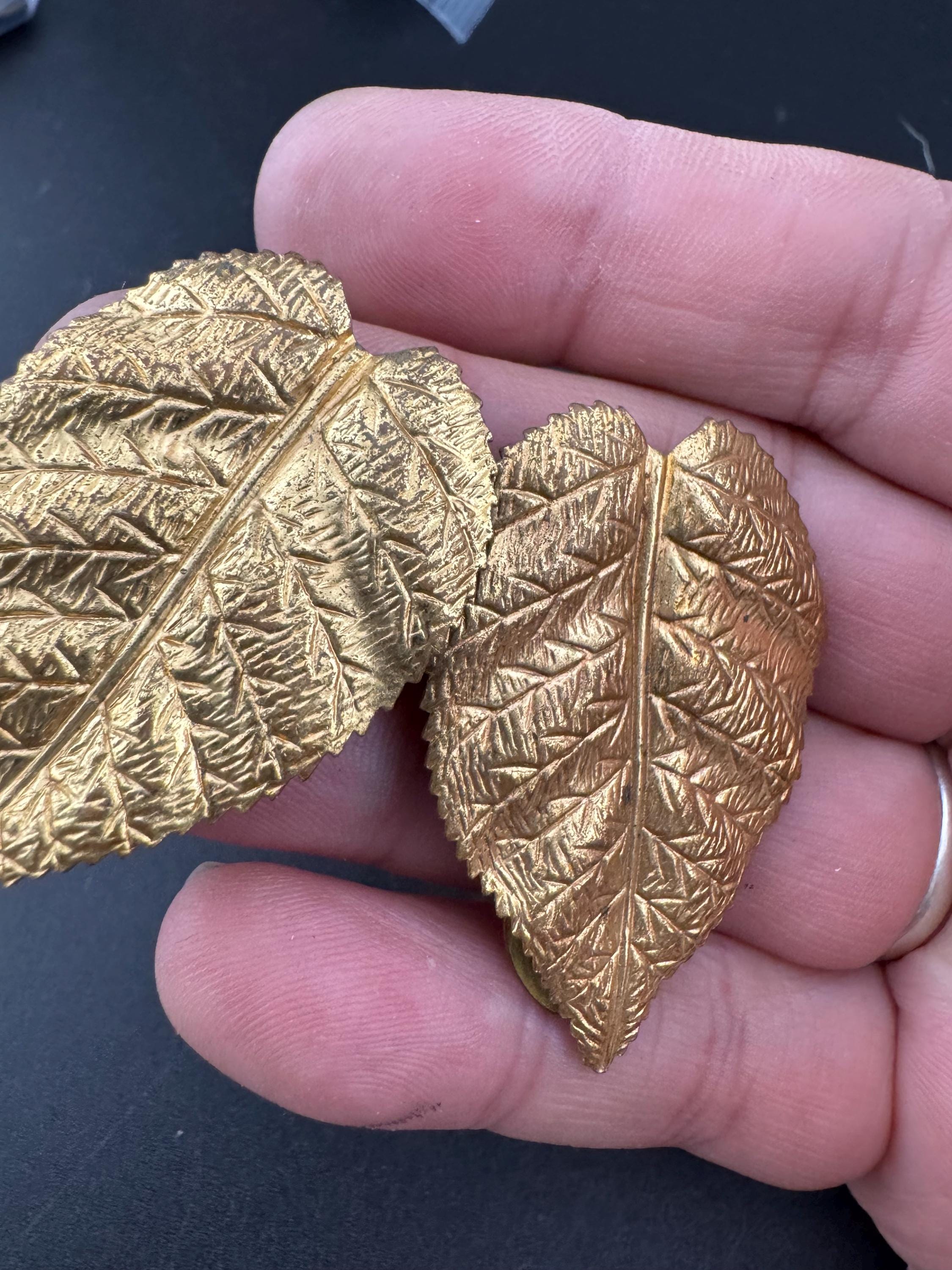 Art Deco Gold Tone Leaf Dress Clips: Czech Stamped Brass (4cm)