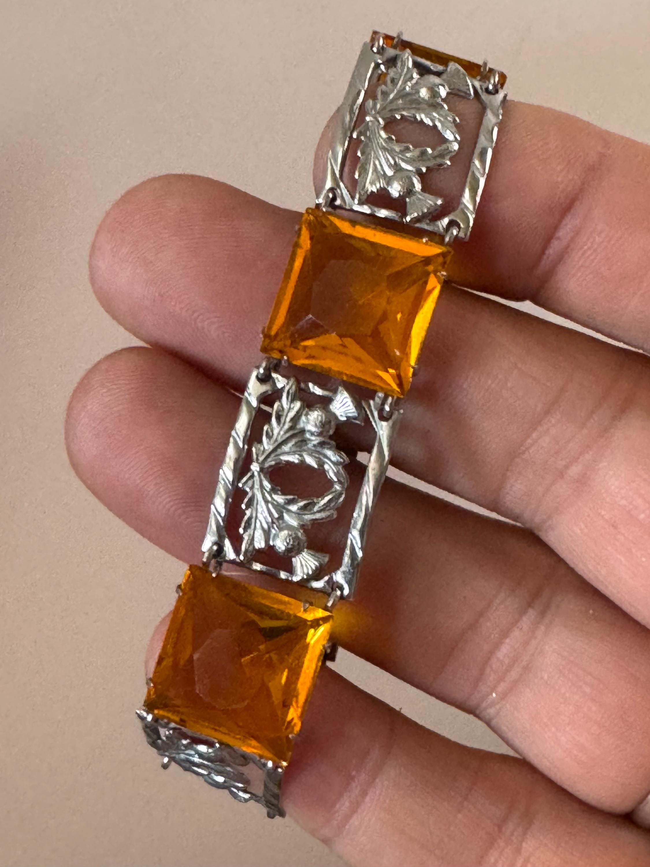 Vintage Silver Tone Citrine Crystal Bracelet: Scottish Thistle Petite Wrist