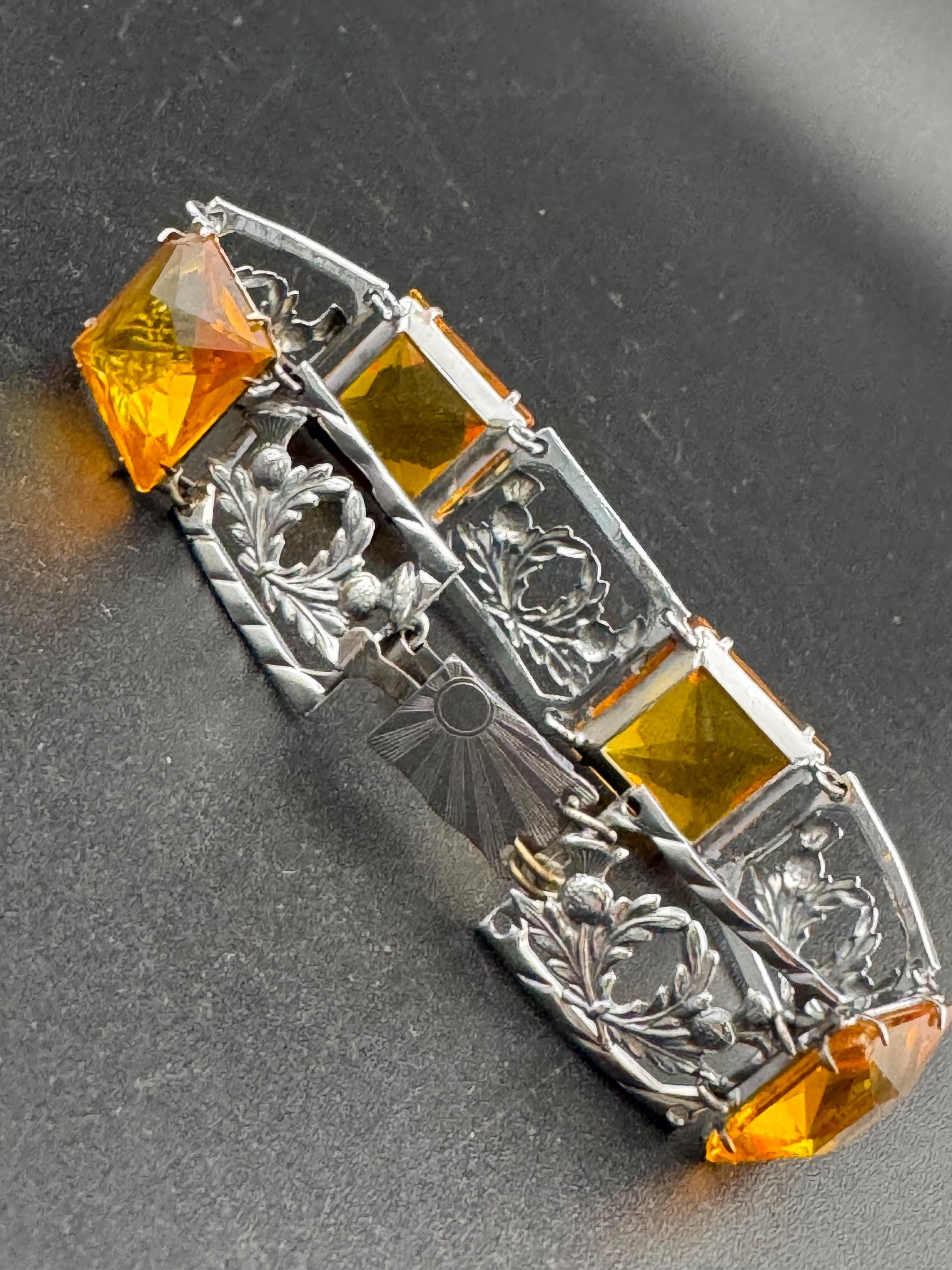 Vintage Silver Tone Citrine Crystal Bracelet: Scottish Thistle Petite Wrist