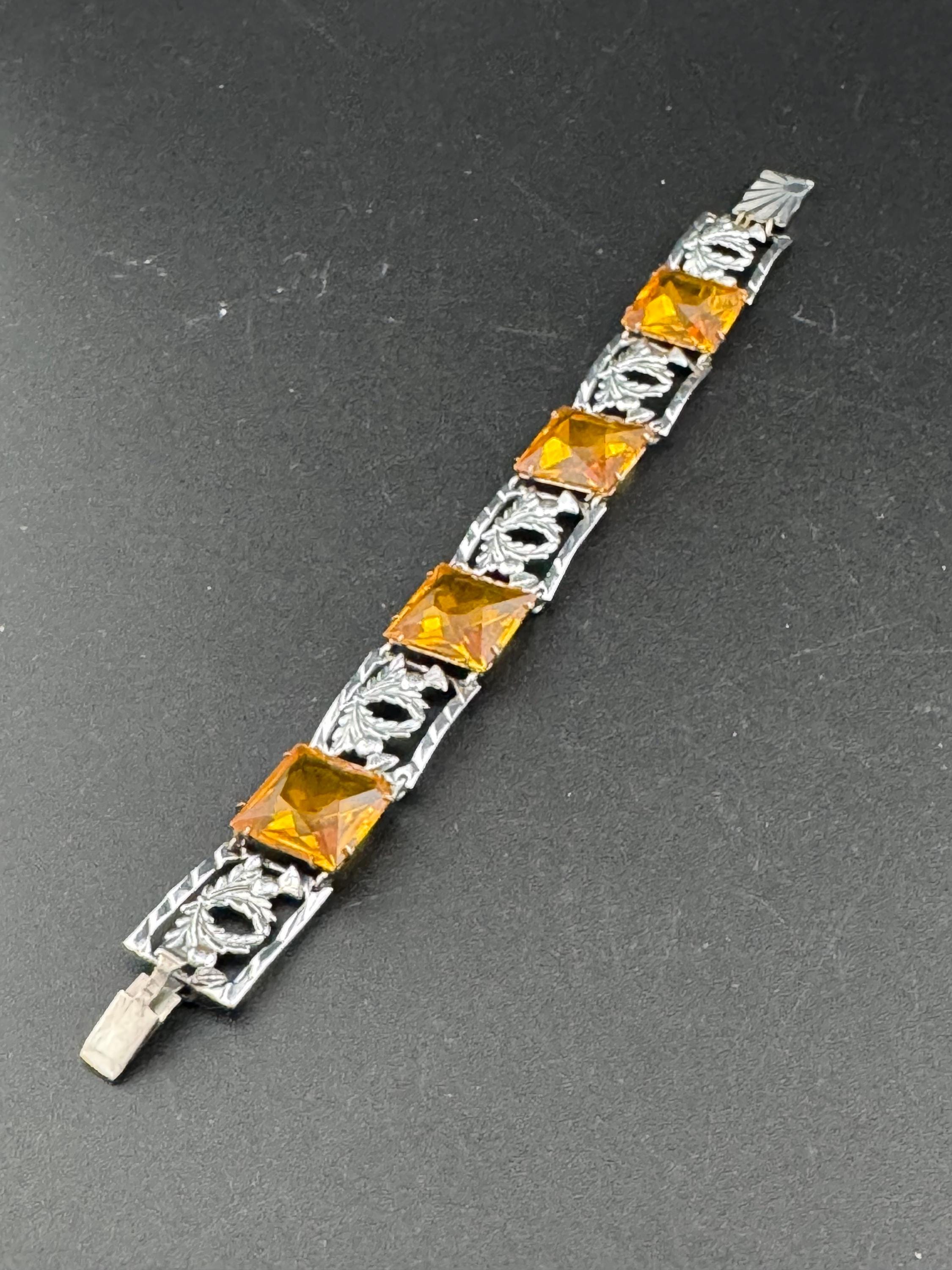 Vintage Silver Tone Citrine Crystal Bracelet: Scottish Thistle Petite Wrist