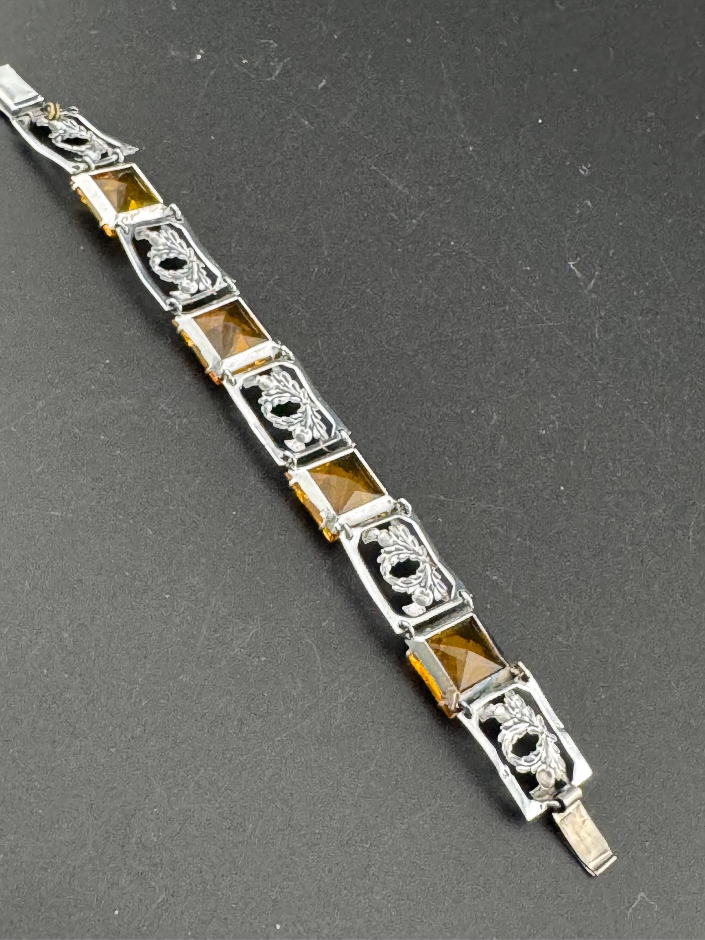 Vintage Silver Tone Citrine Crystal Bracelet: Scottish Thistle Petite Wrist