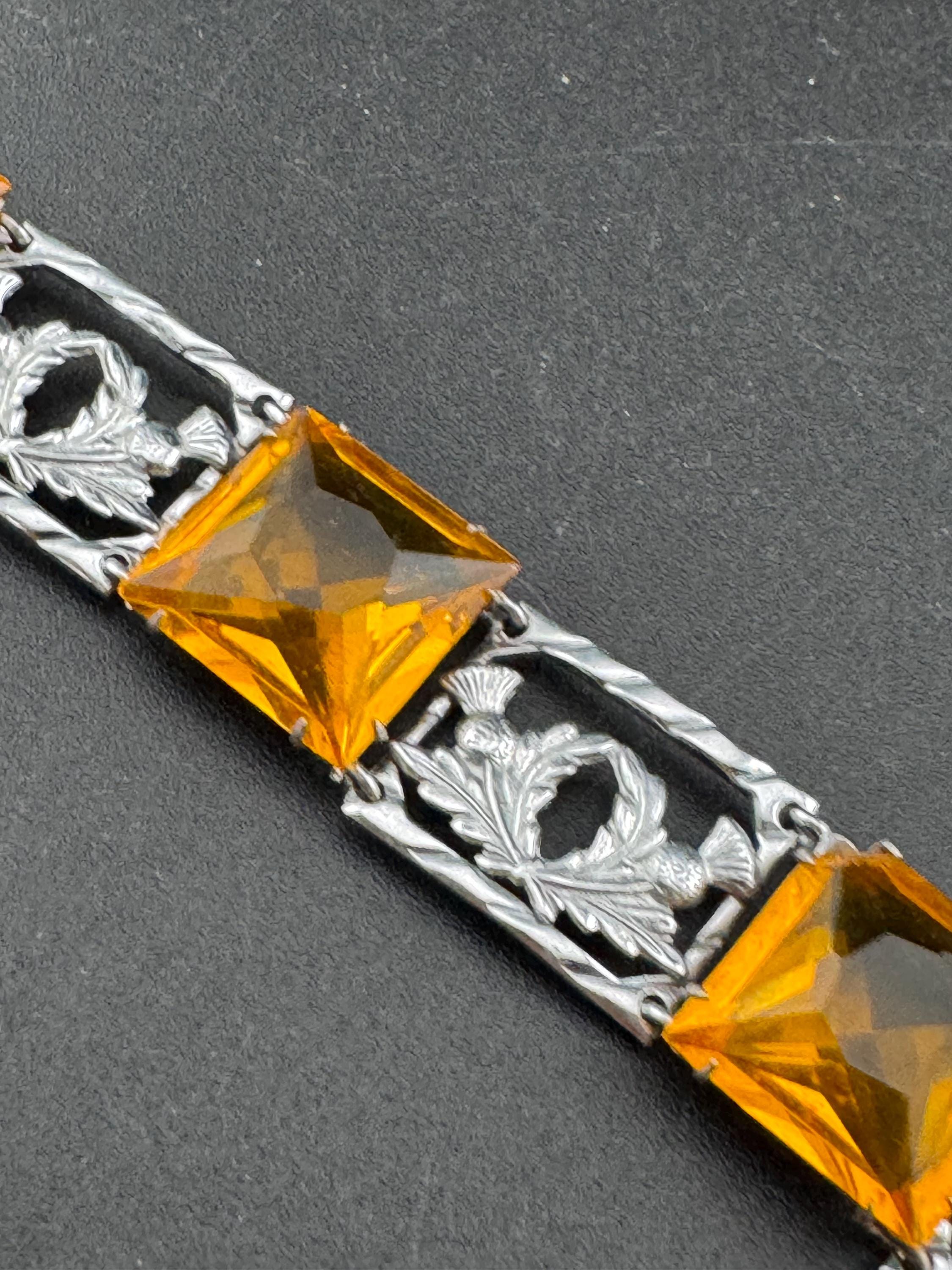 Vintage Silver Tone Citrine Crystal Bracelet: Scottish Thistle Petite Wrist