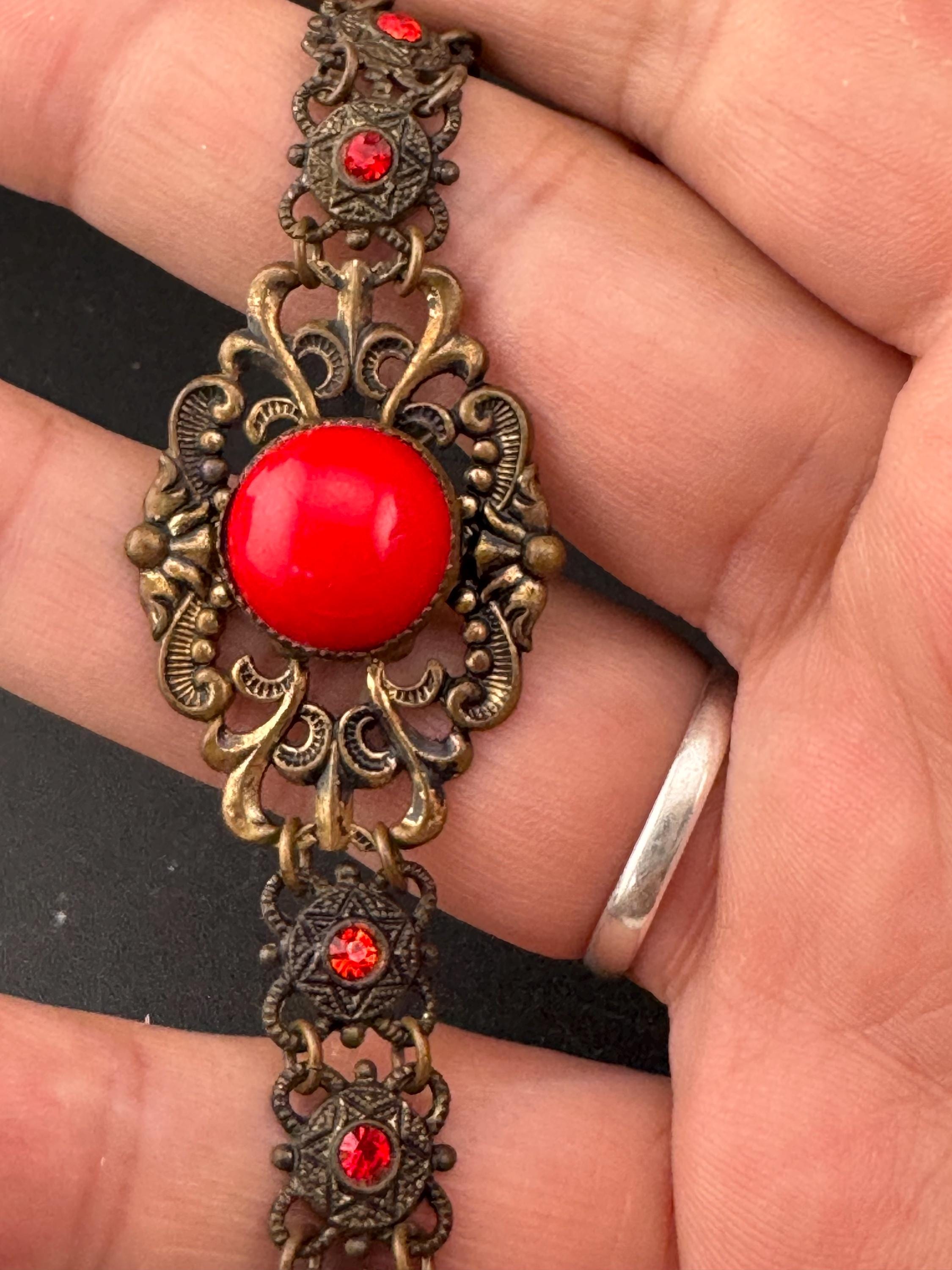 Vintage Czech Filigree Bracelet: Gold Tone Brass, Ruby Rhinestone, Red Cabochon