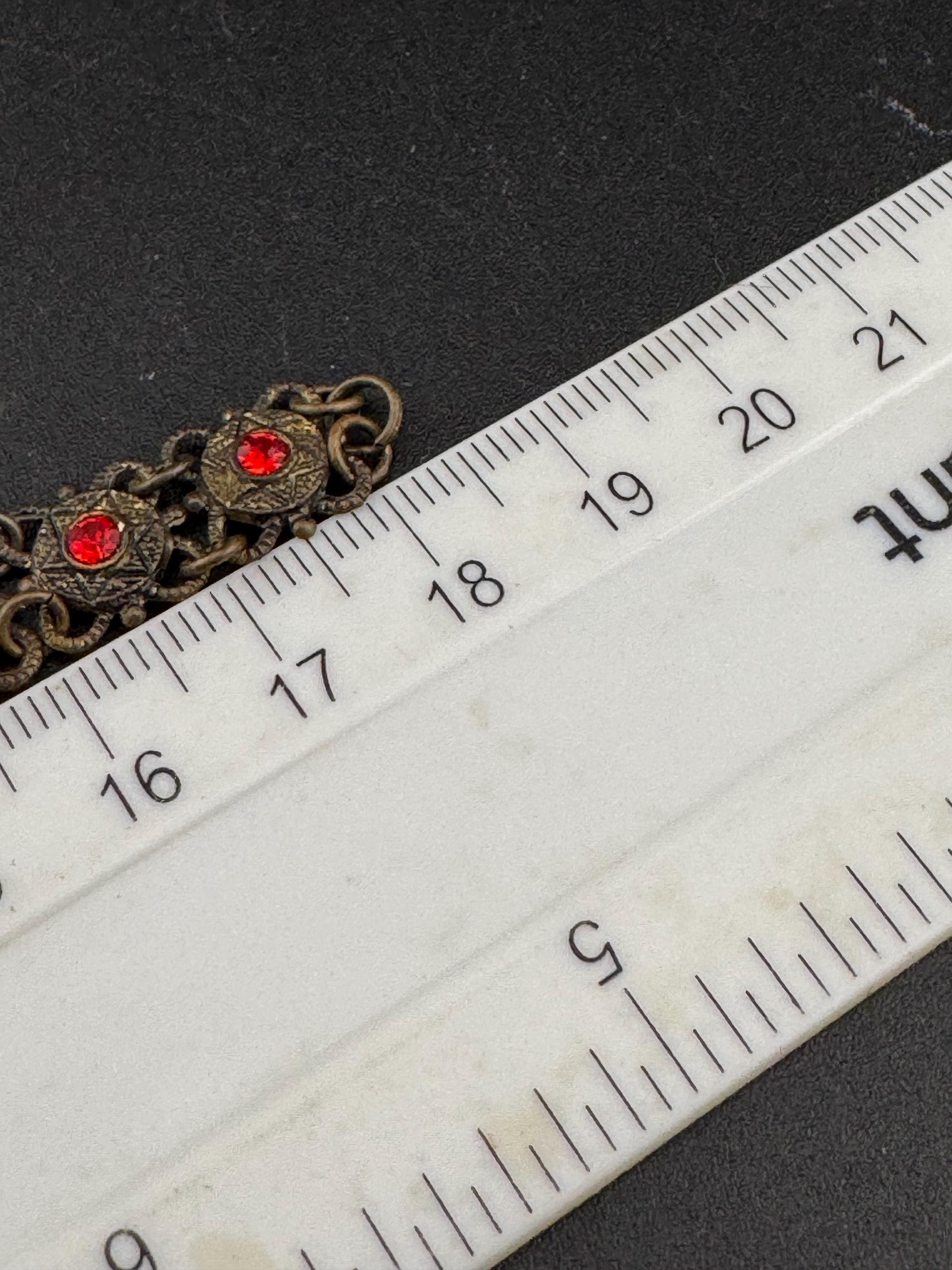 Vintage Czech Filigree Bracelet: Gold Tone Brass, Ruby Rhinestone, Red Cabochon