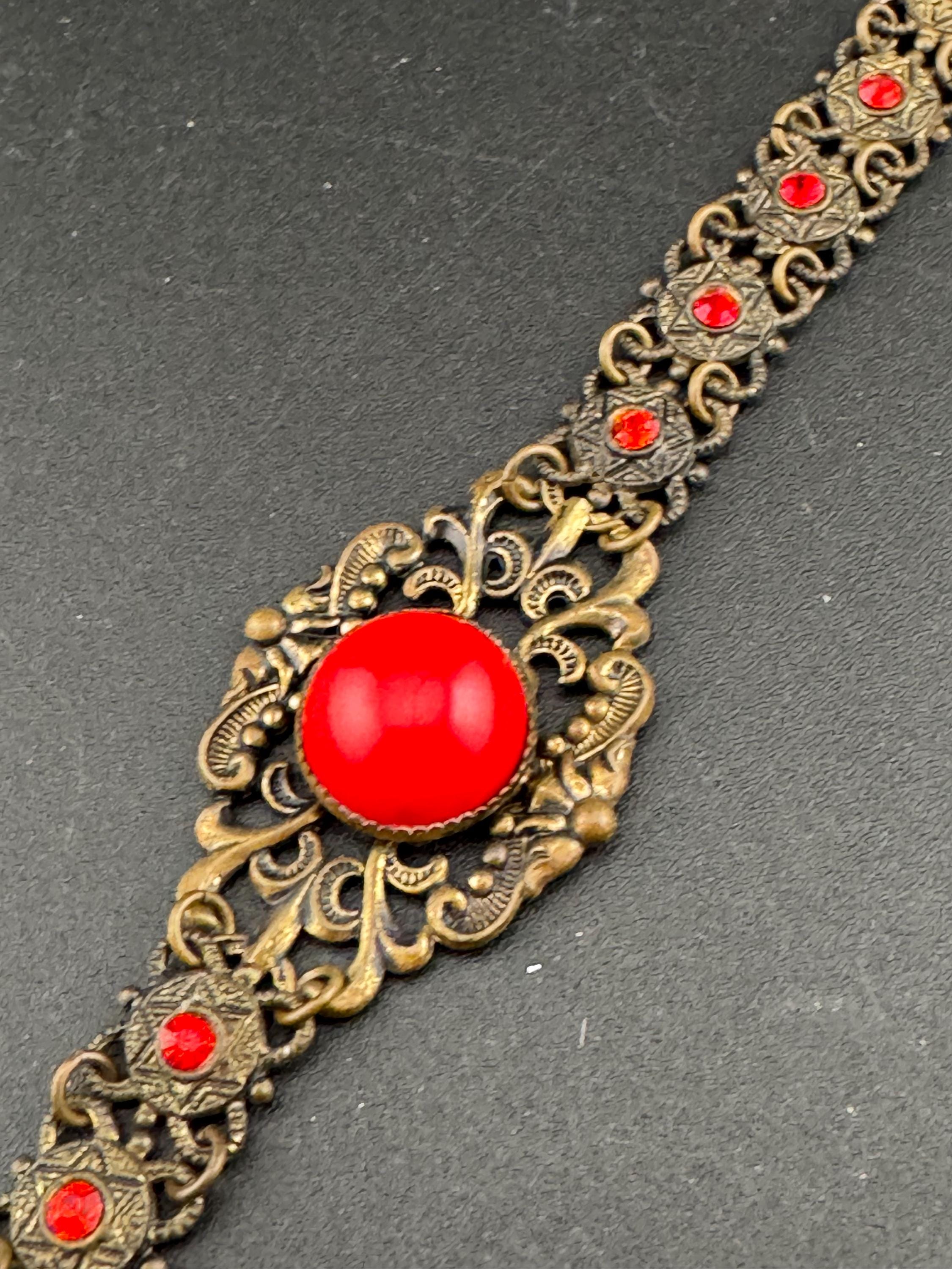 Vintage Czech Filigree Bracelet: Gold Tone Brass, Ruby Rhinestone, Red Cabochon