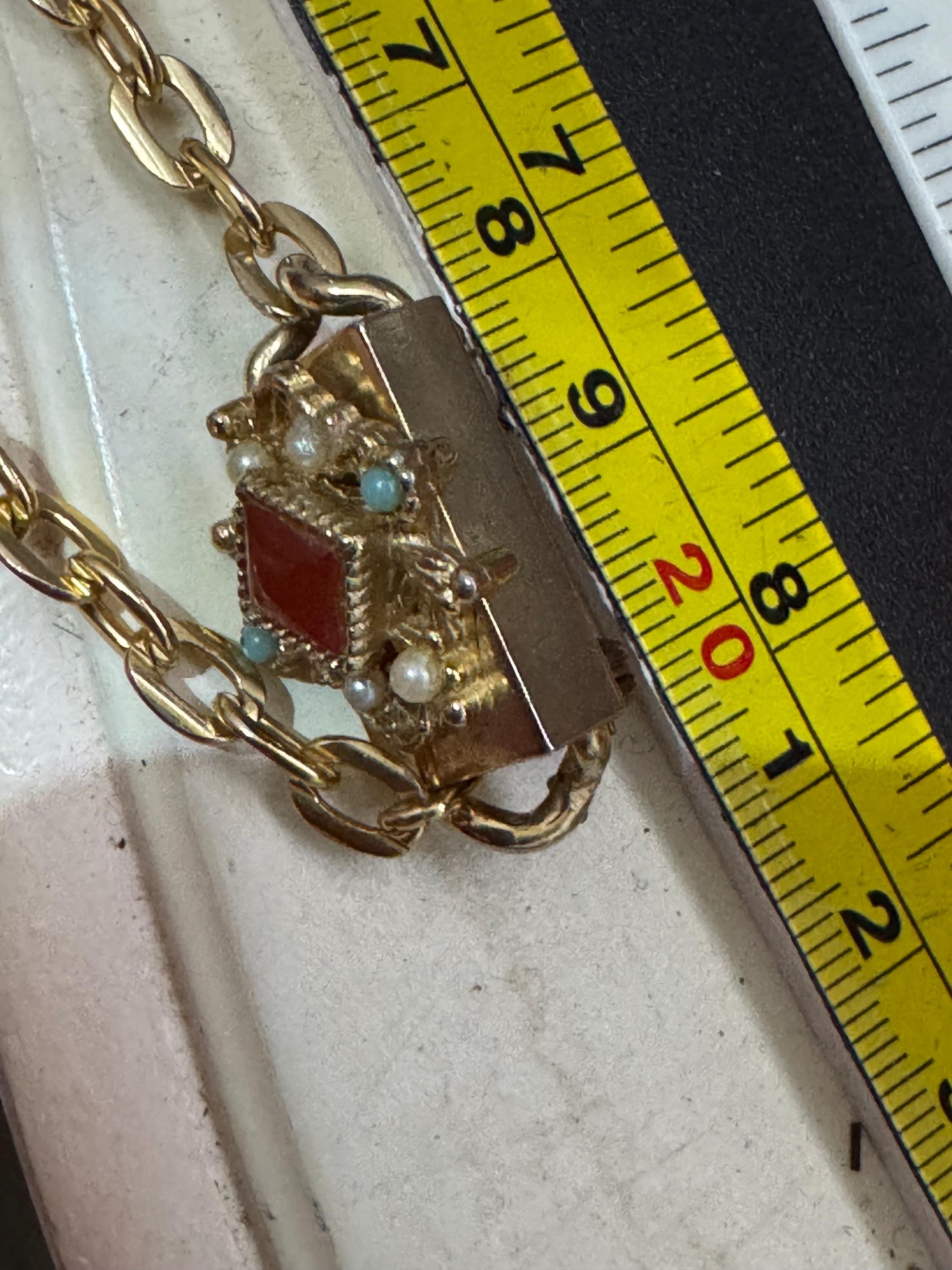 vintage double brooch, gold tone faux seed pearl ruby and turquoise chain metal sweater guards, jumper clasp