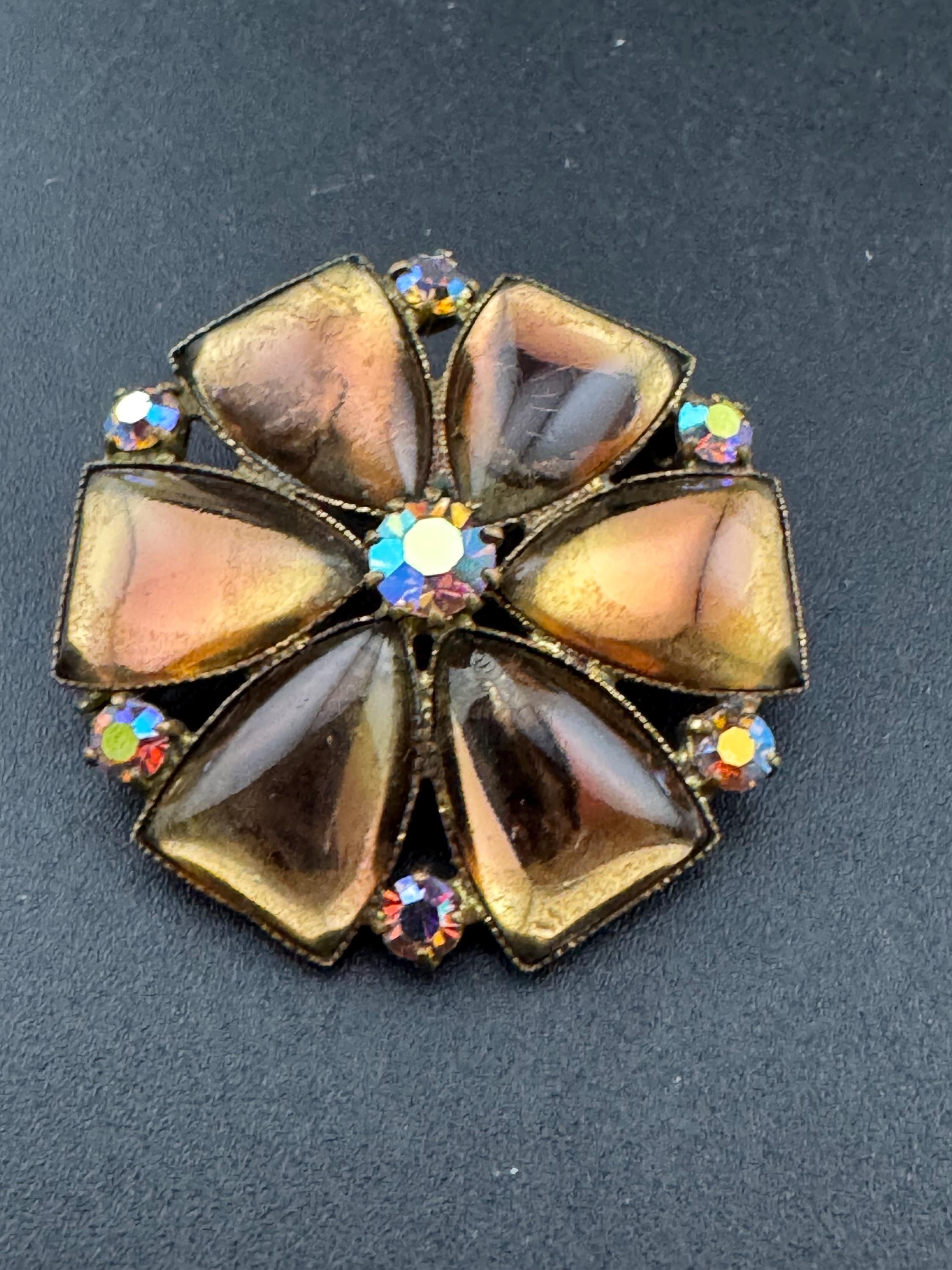 Vintage AB brown pink mirror glass brooch from Austria, 3cm brass back