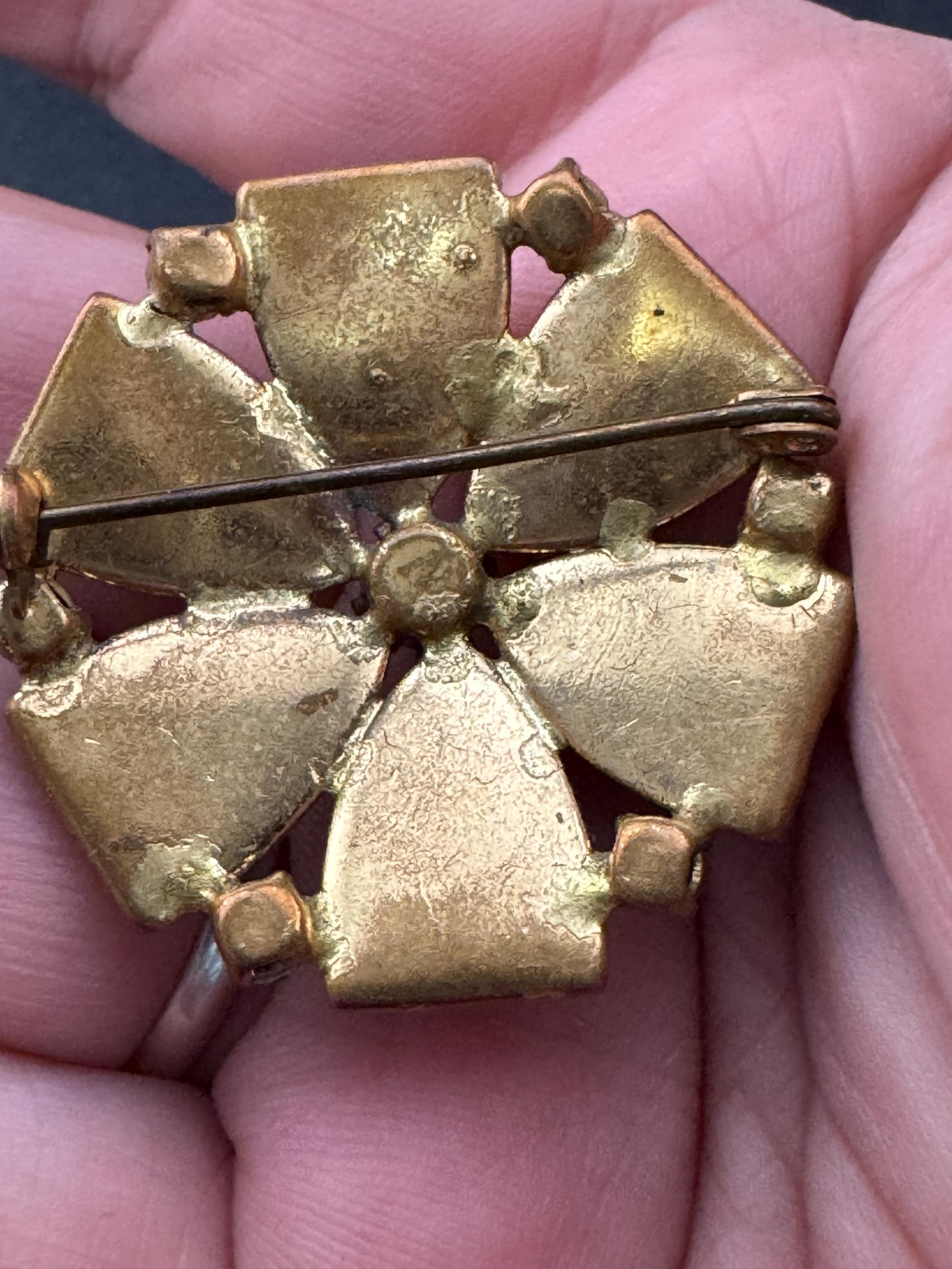 Vintage AB brown pink mirror glass brooch from Austria, 3cm brass back