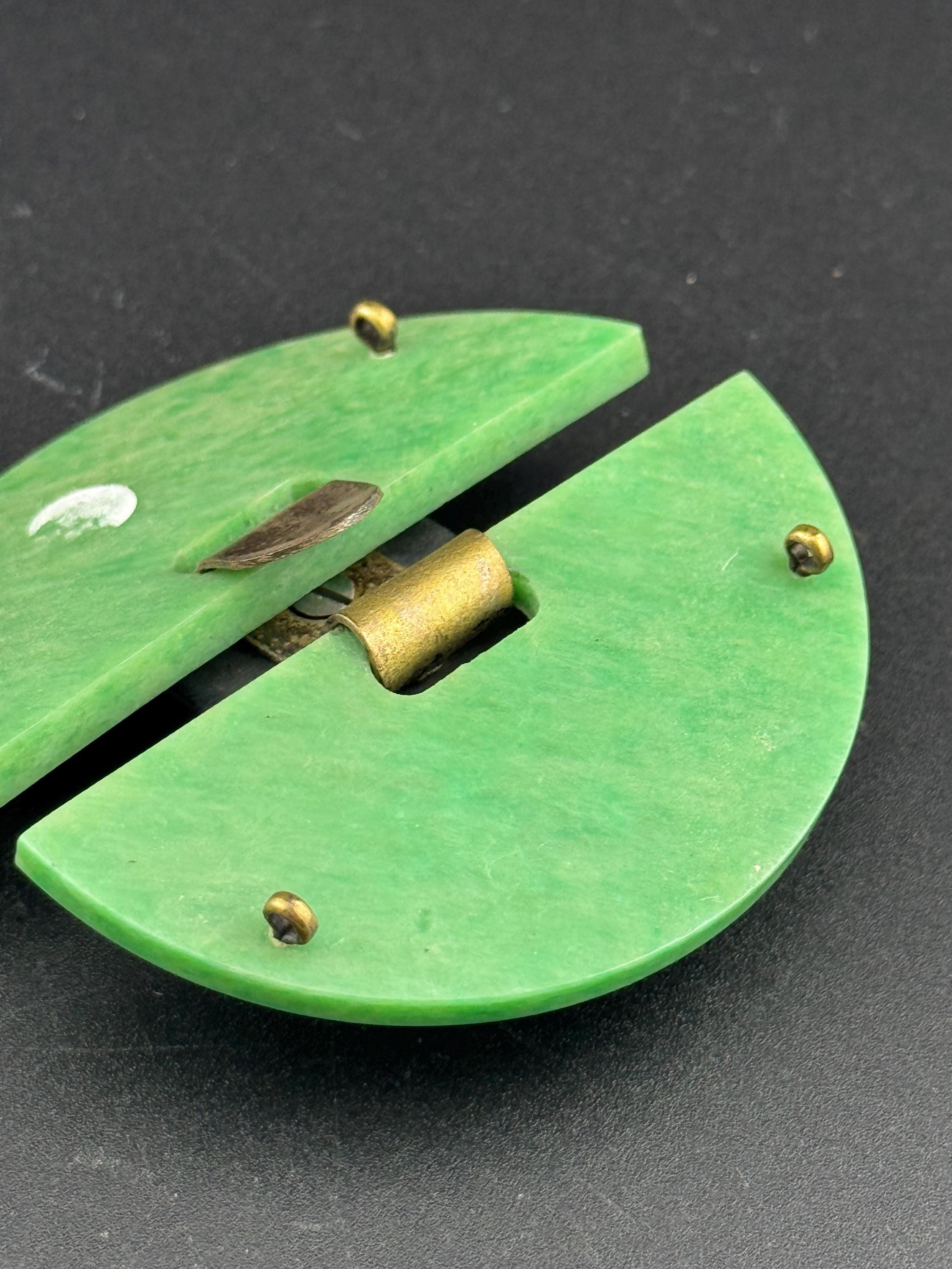 Antique Art Deco Bakelite Belt Buckle: Black & Green Geometric Haberdashery