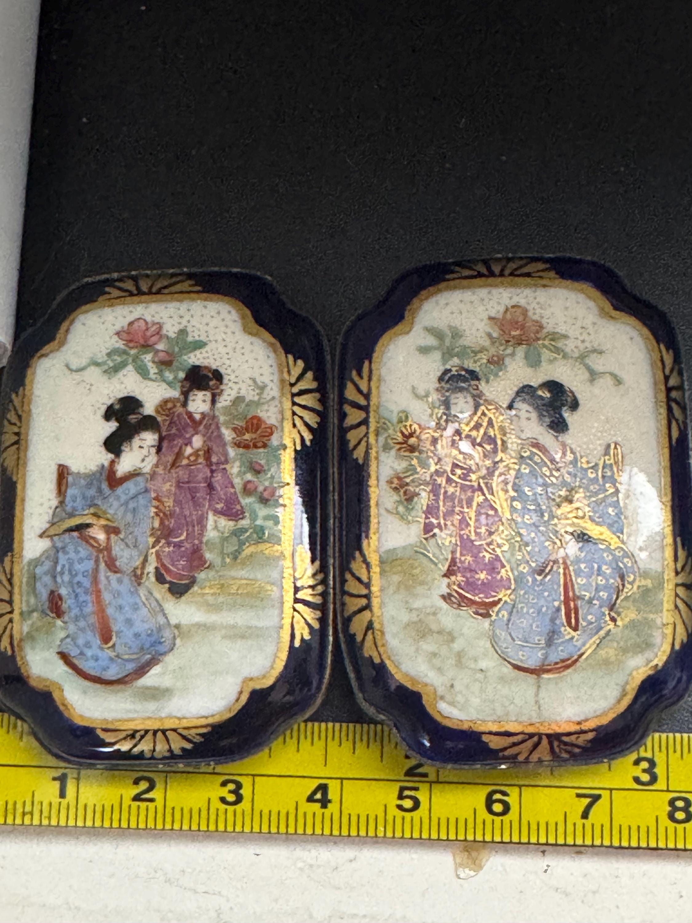 antique Japanese hallmarked silver Meiji period satsuma ware porcelain 2 part large belt buckles 1868-1928 period