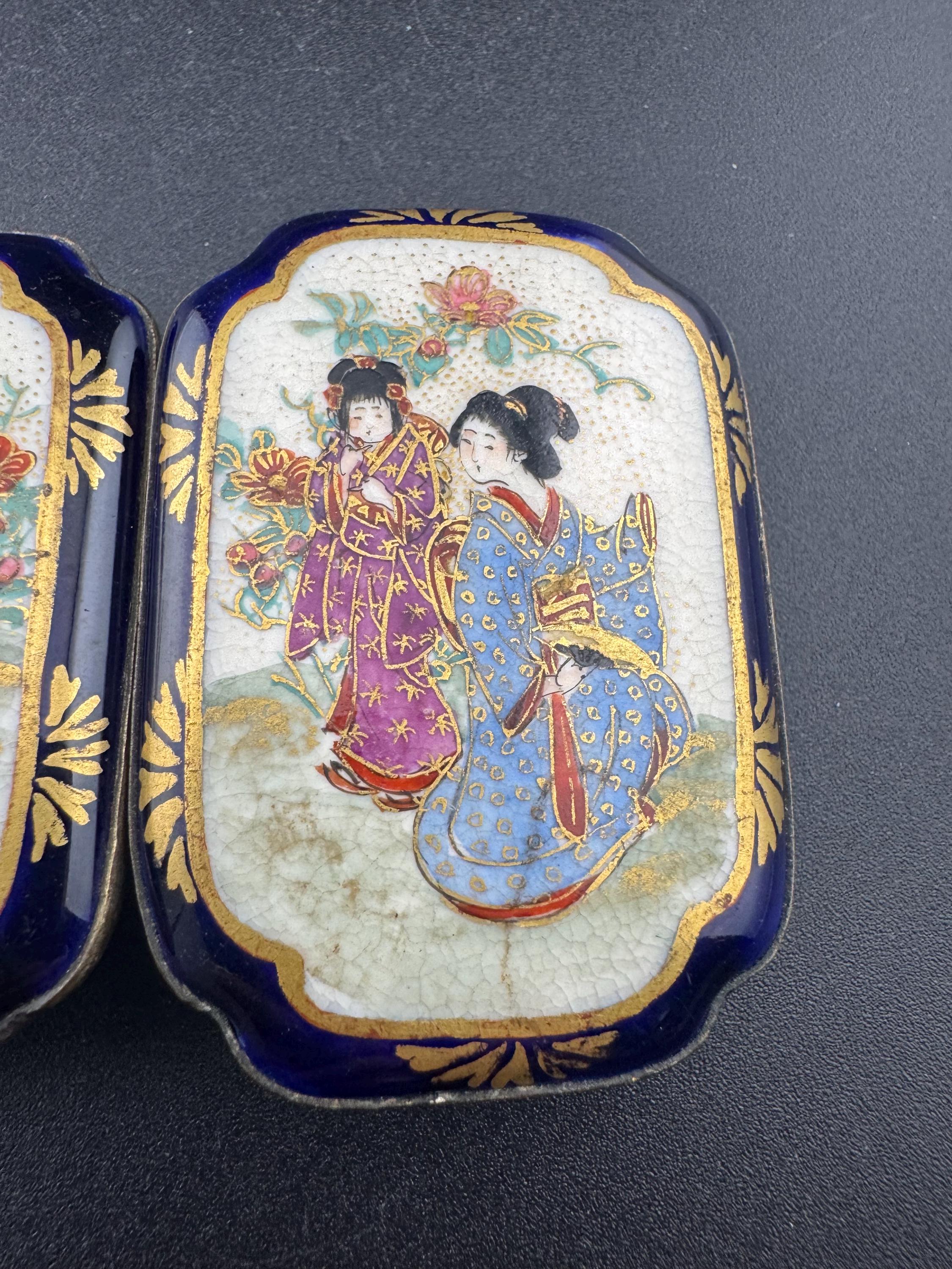 antique Japanese hallmarked silver Meiji period satsuma ware porcelain 2 part large belt buckles 1868-1928 period