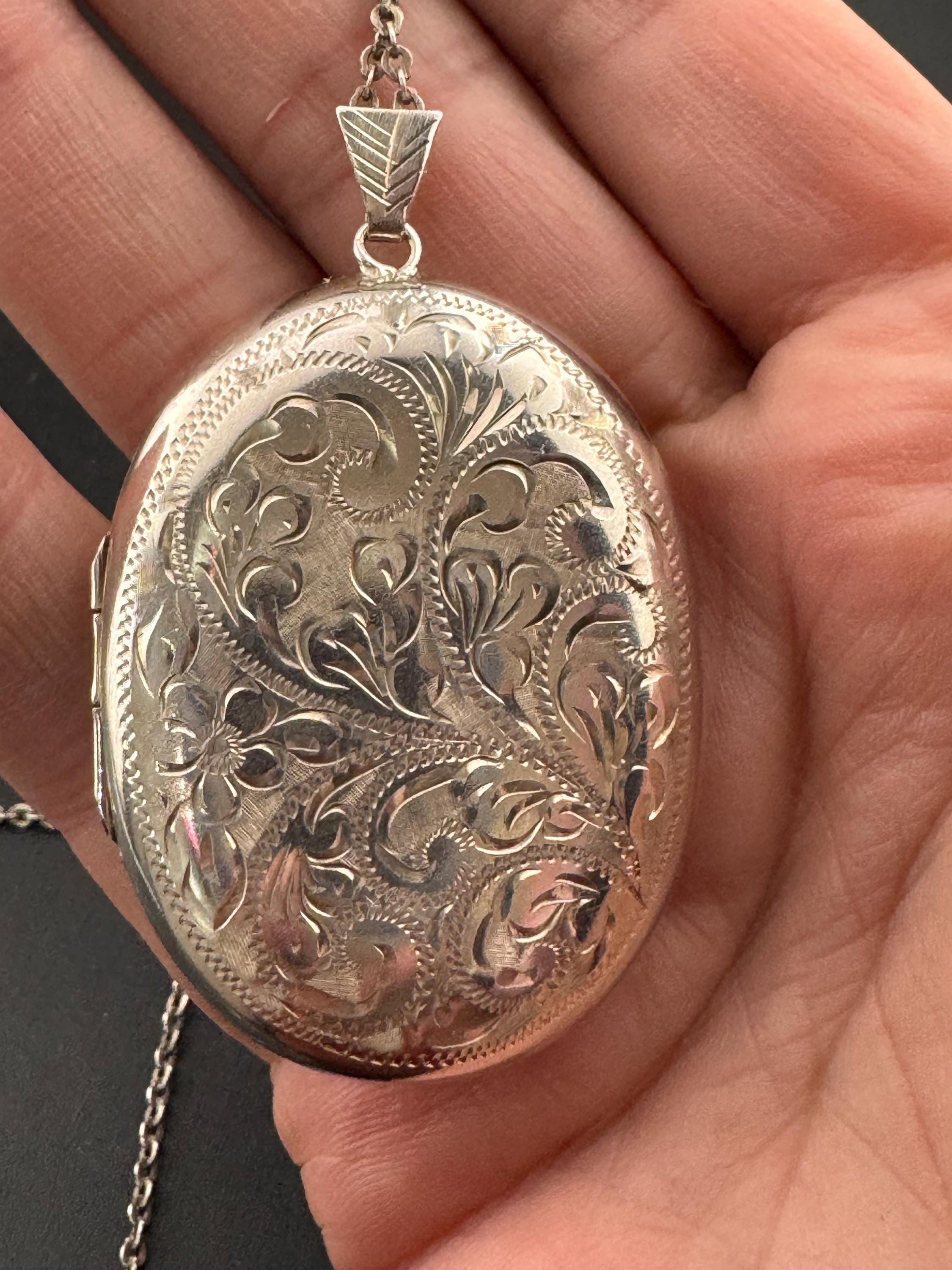 Vintage extra large photo Locket with engraved floral design, memorial keepsake stamped birm X 925 on a silver chain