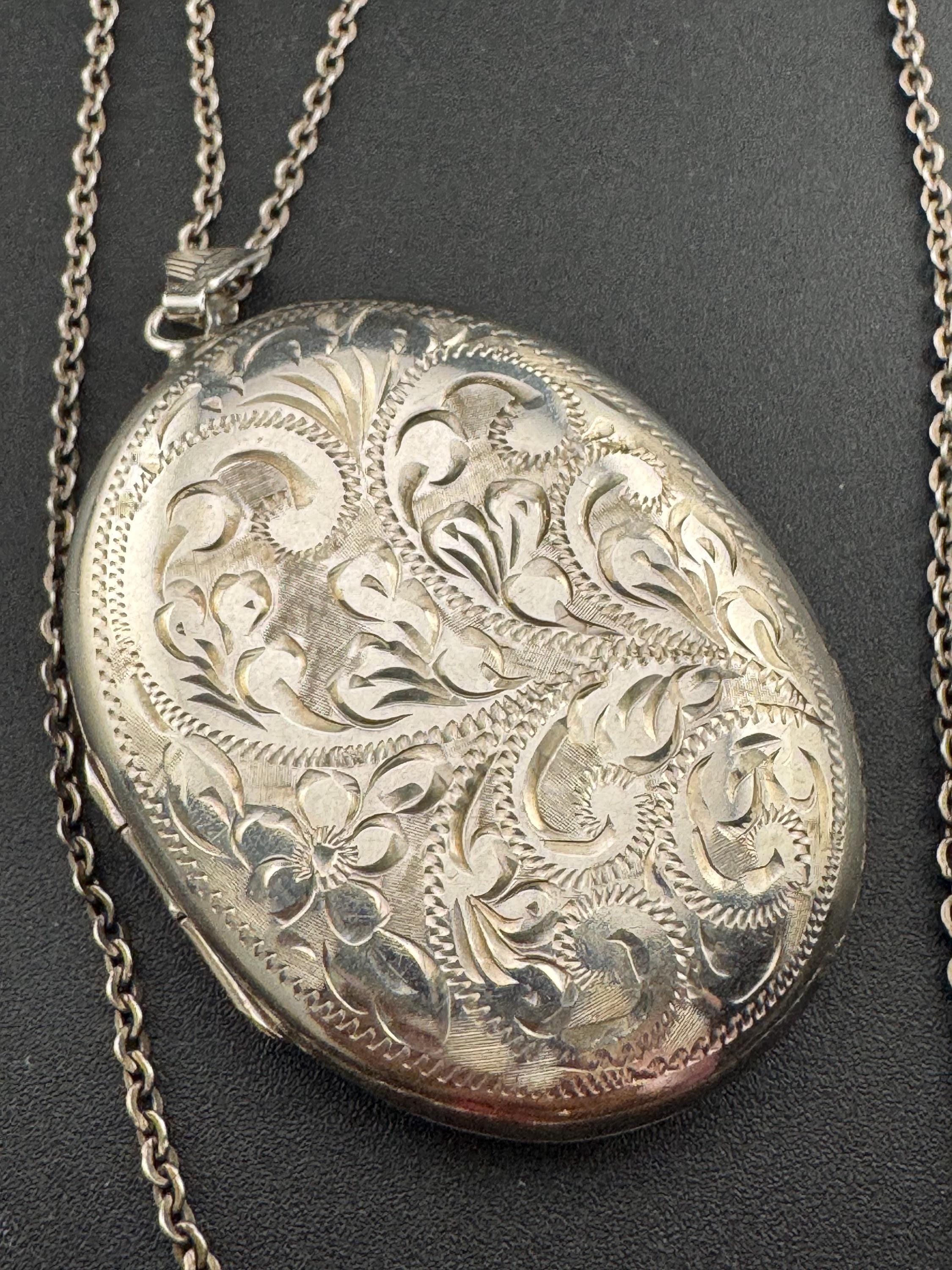 Vintage extra large photo Locket with engraved floral design, memorial keepsake stamped birm X 925 on a silver chain