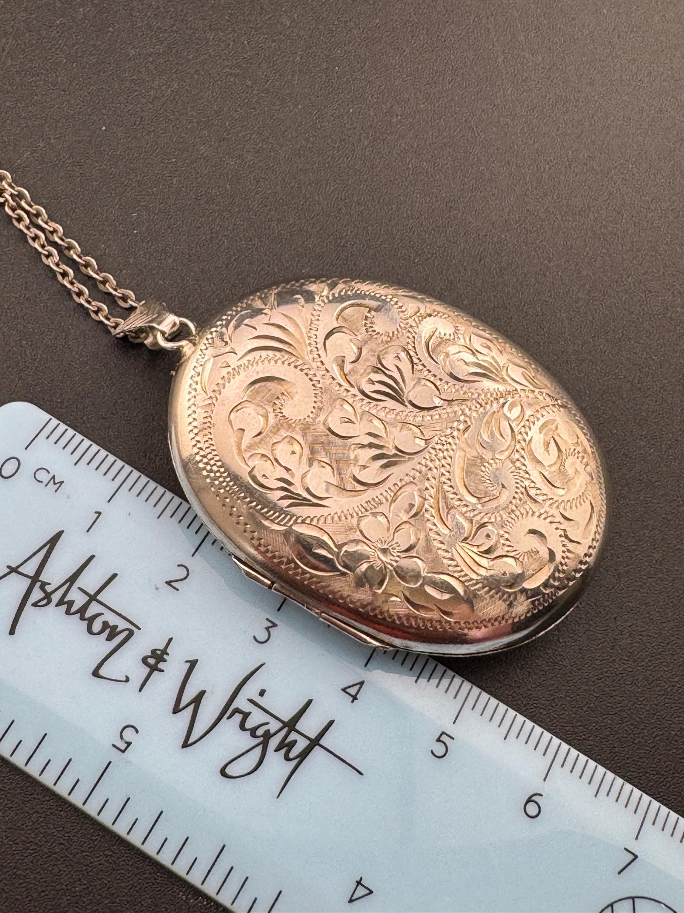 Vintage extra large photo Locket with engraved floral design, memorial keepsake stamped birm X 925 on a silver chain