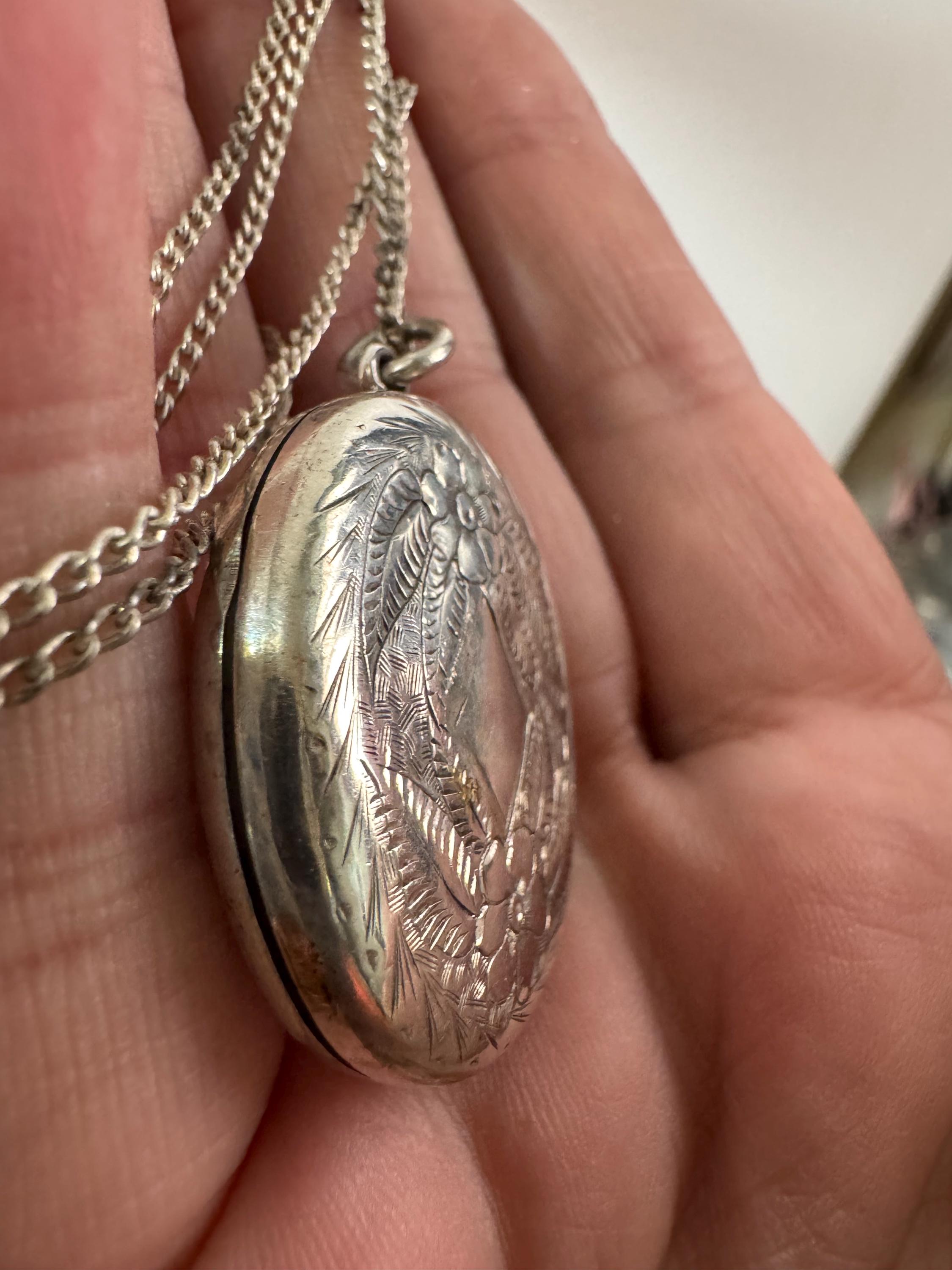 Vintage large photo Locket with engraved design, memorial keepsake stamped on a 925 silver chain