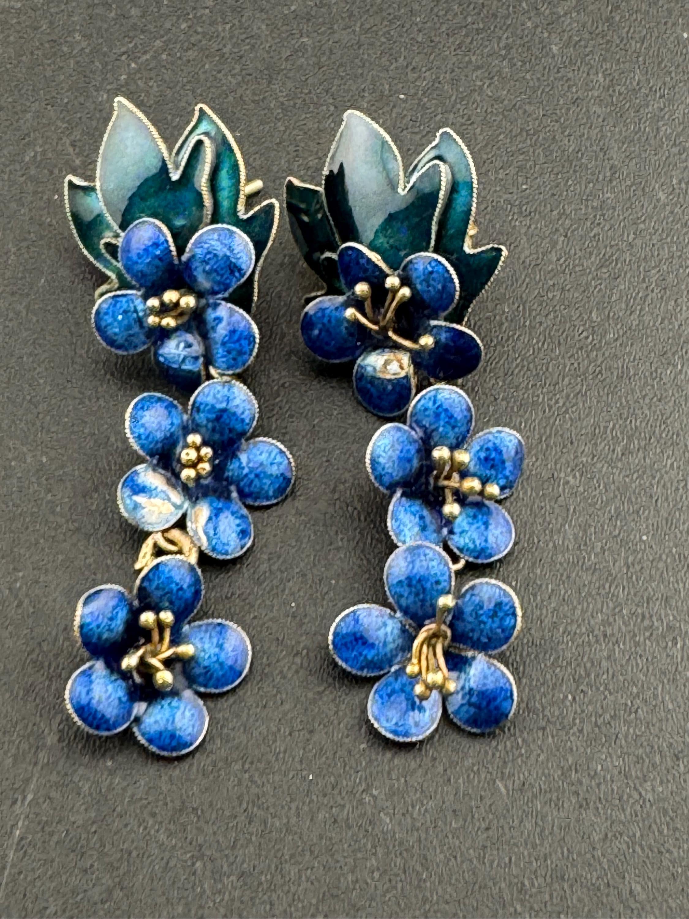 Vintage Modernist Sterling Silver Floral Earrings: Blue Enamel Gilt Drop