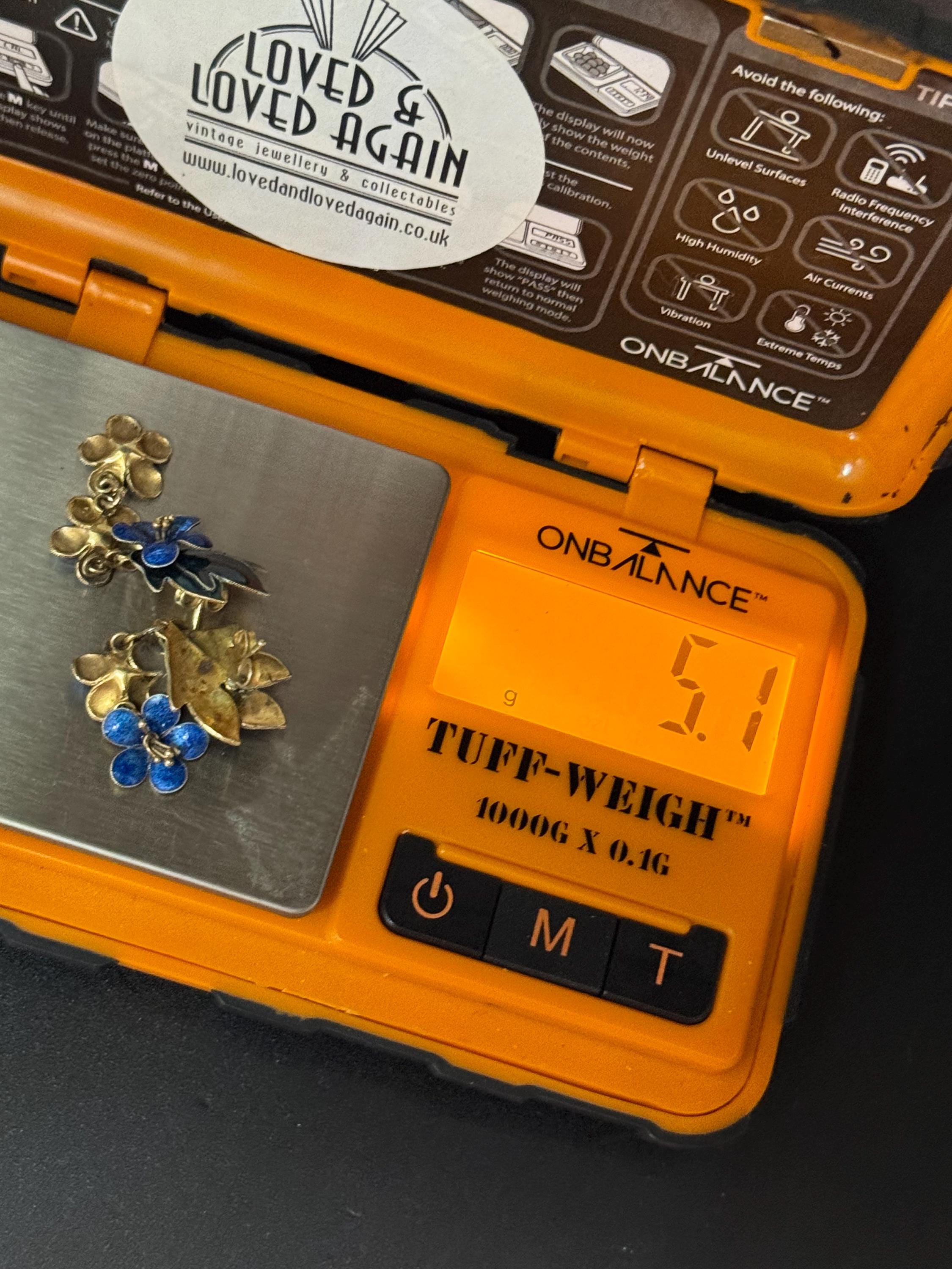 Vintage Modernist Sterling Silver Floral Earrings: Blue Enamel Gilt Drop