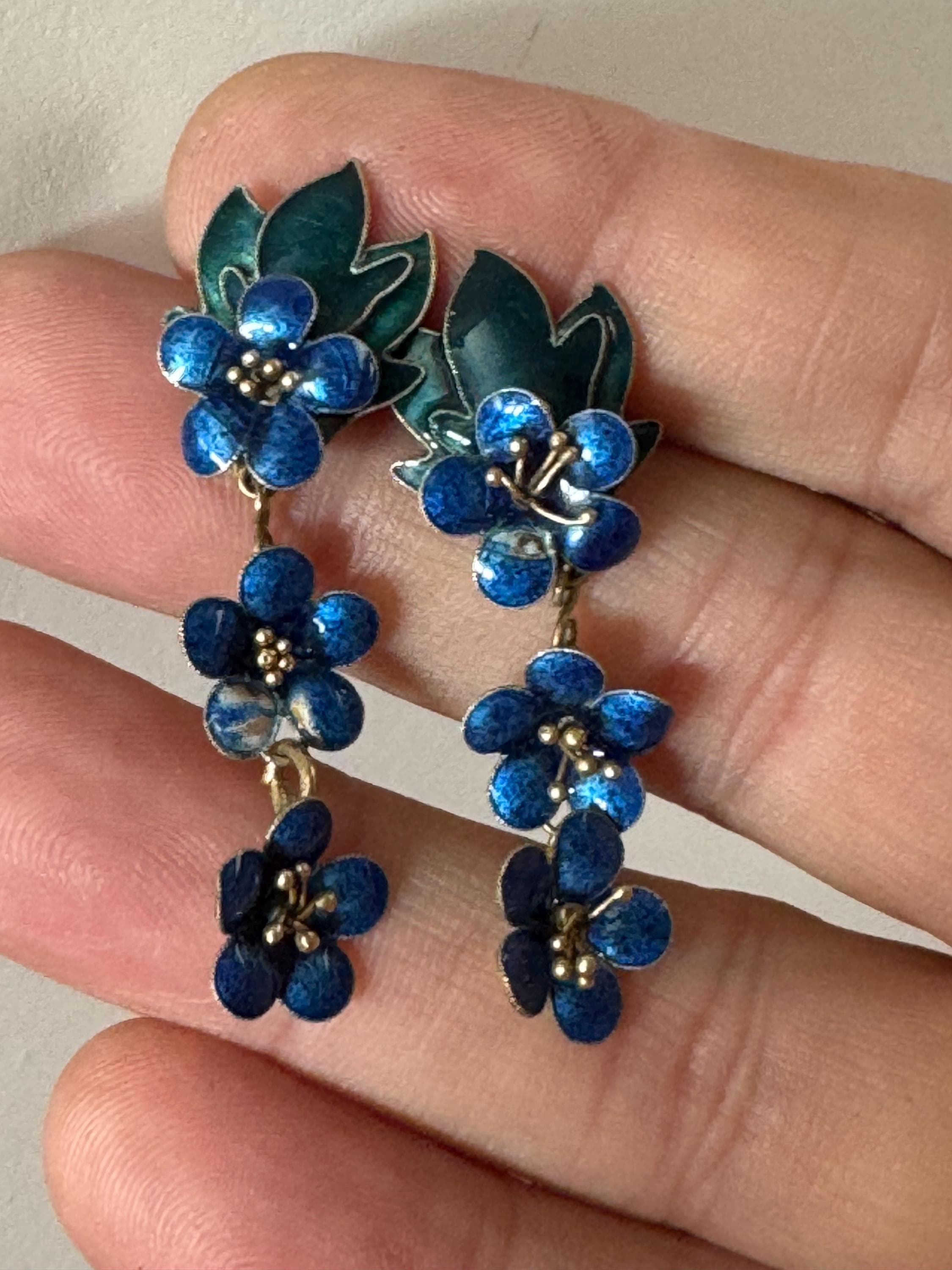 Vintage Modernist Sterling Silver Floral Earrings: Blue Enamel Gilt Drop
