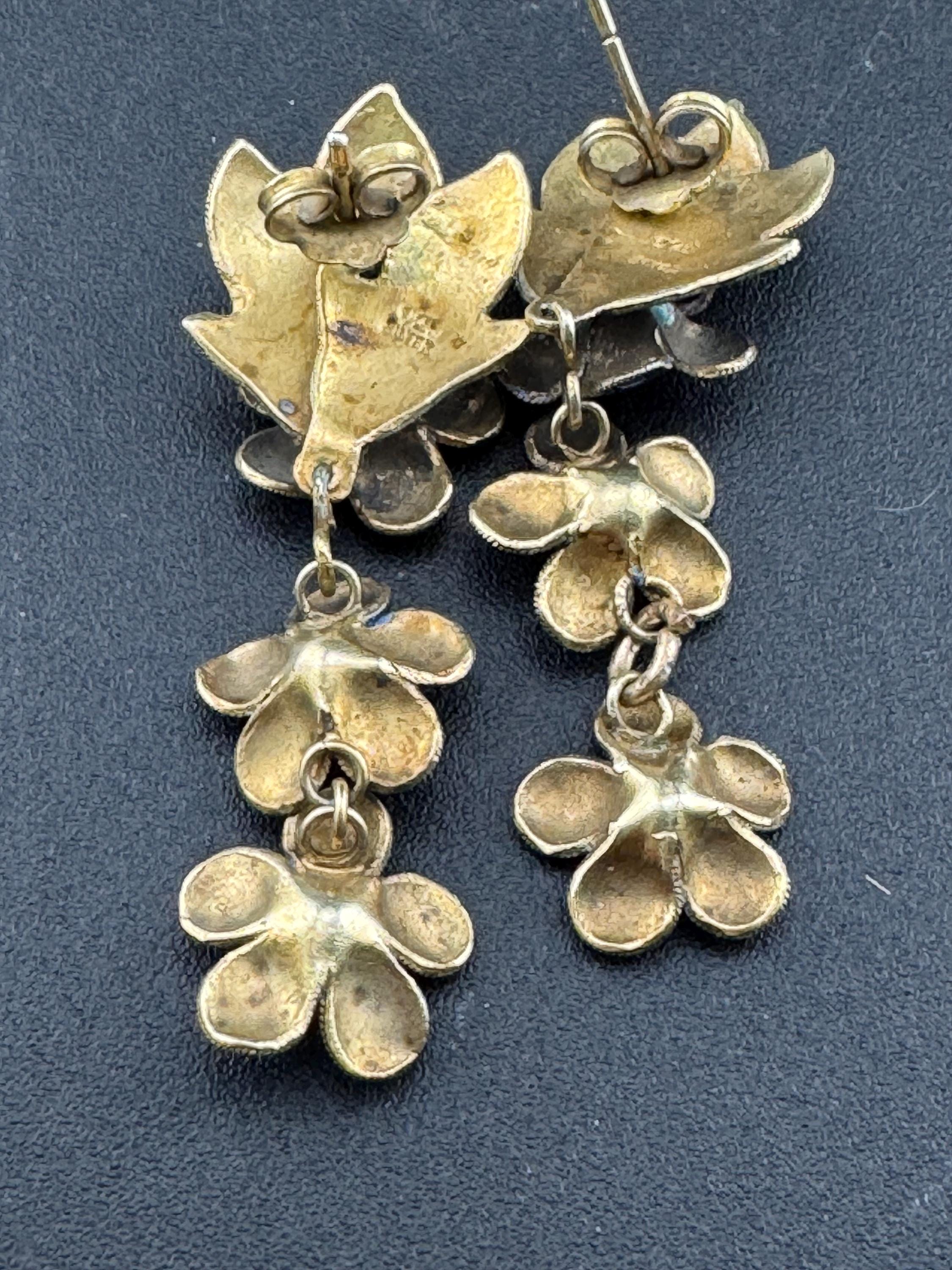 Vintage Modernist Sterling Silver Floral Earrings: Blue Enamel Gilt Drop