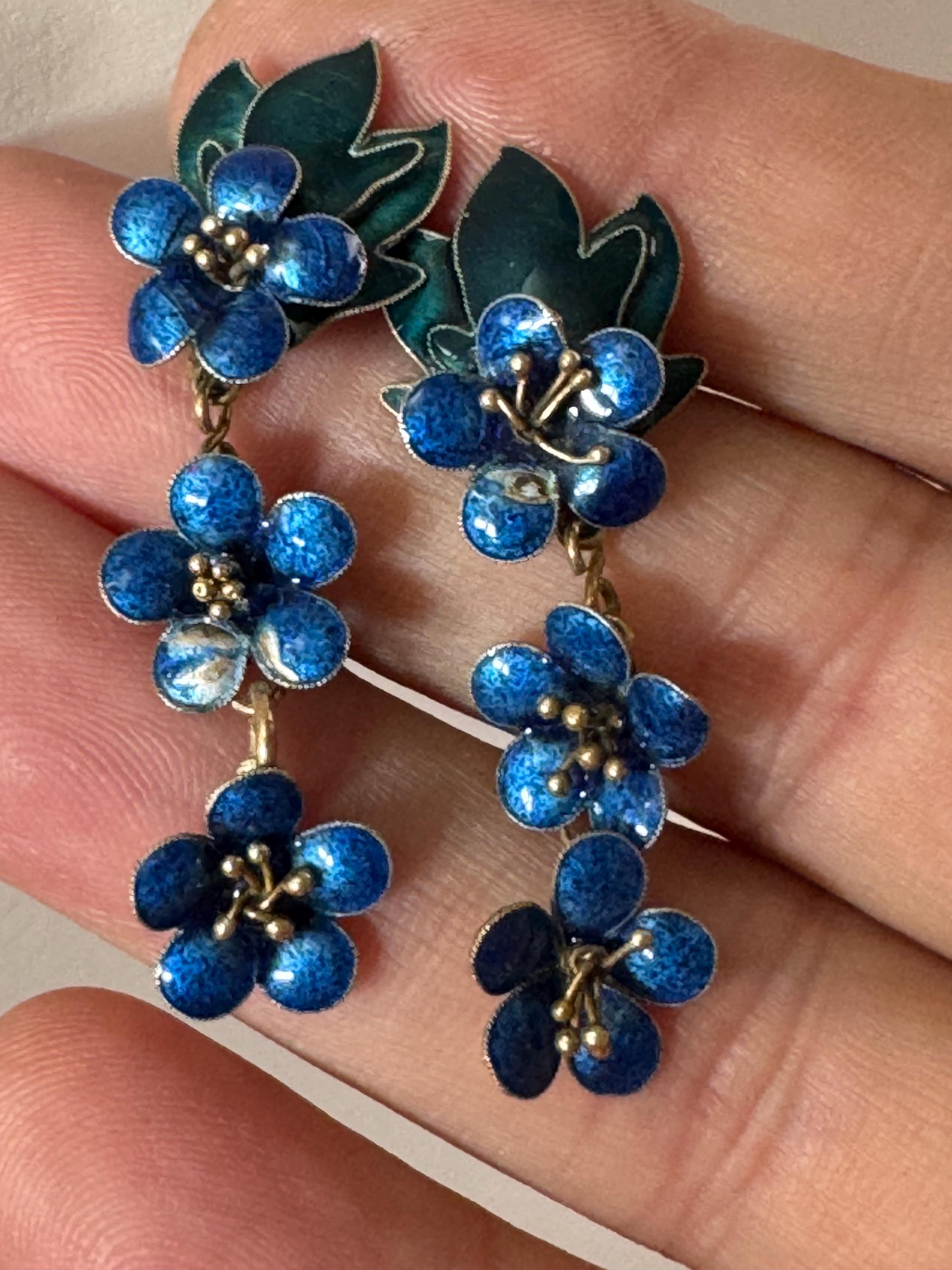 Vintage Modernist Sterling Silver Floral Earrings: Blue Enamel Gilt Drop