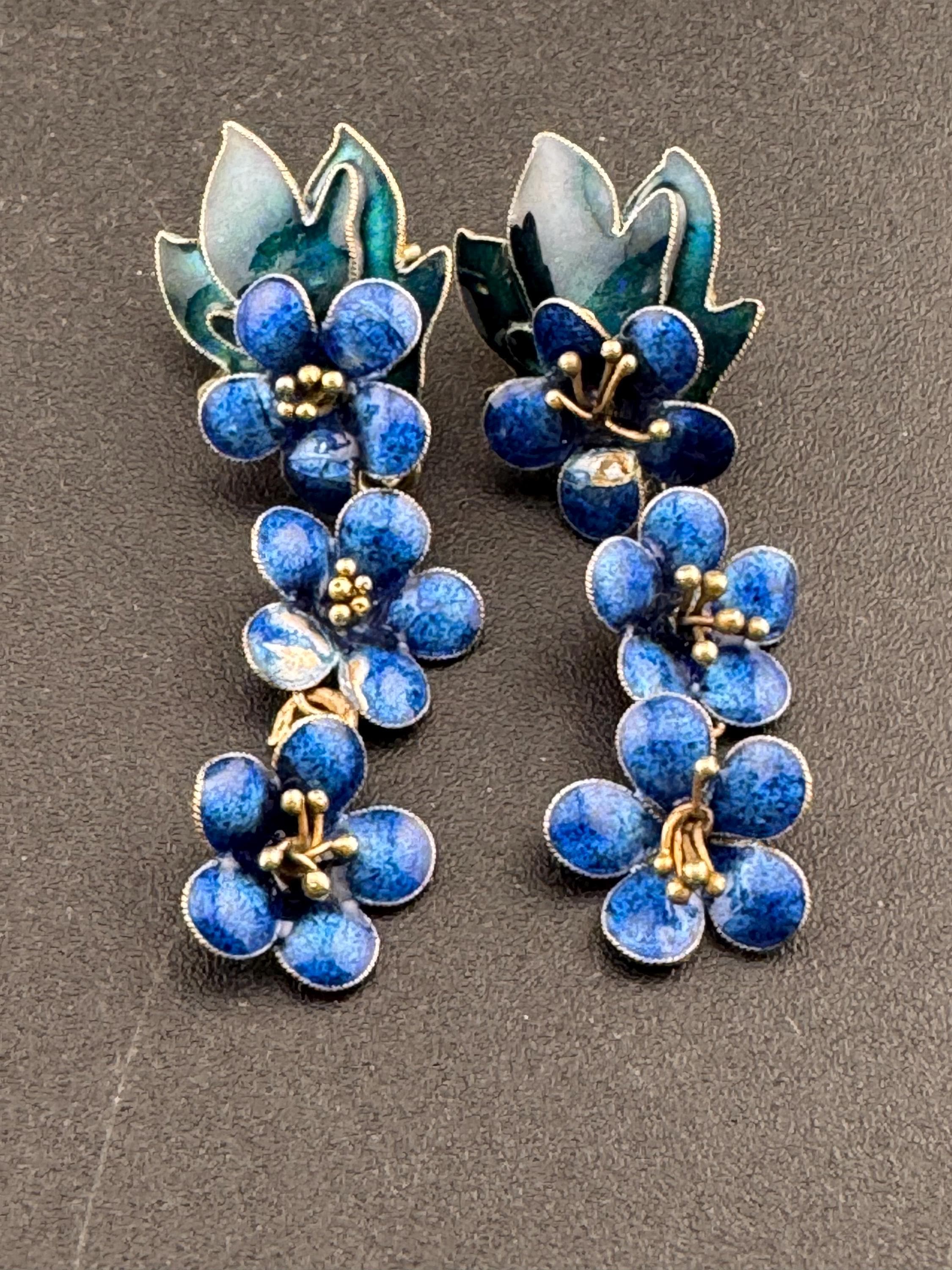 Vintage Modernist Sterling Silver Floral Earrings: Blue Enamel Gilt Drop