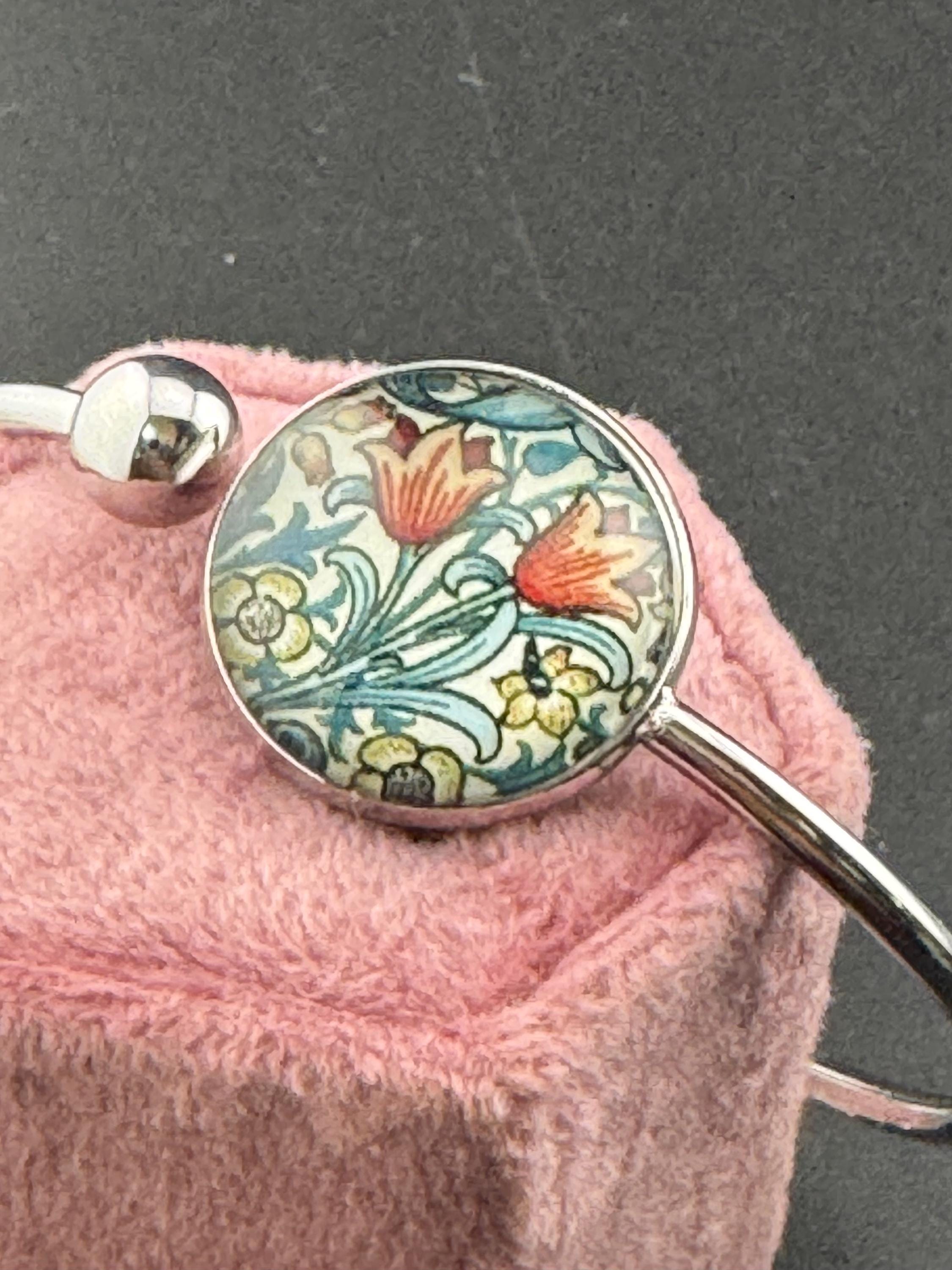 William morris tulip print stainless steel glass cabochon bangle bracelet