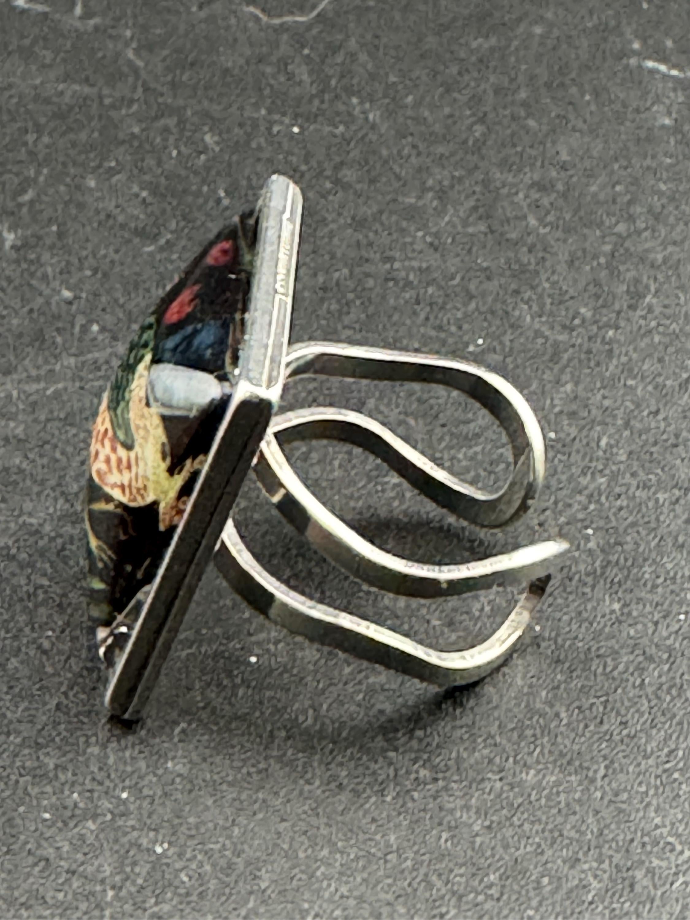 Oversized William Morris print strawberry thief ring BIRD design square glass cabochon adjustable 2cm