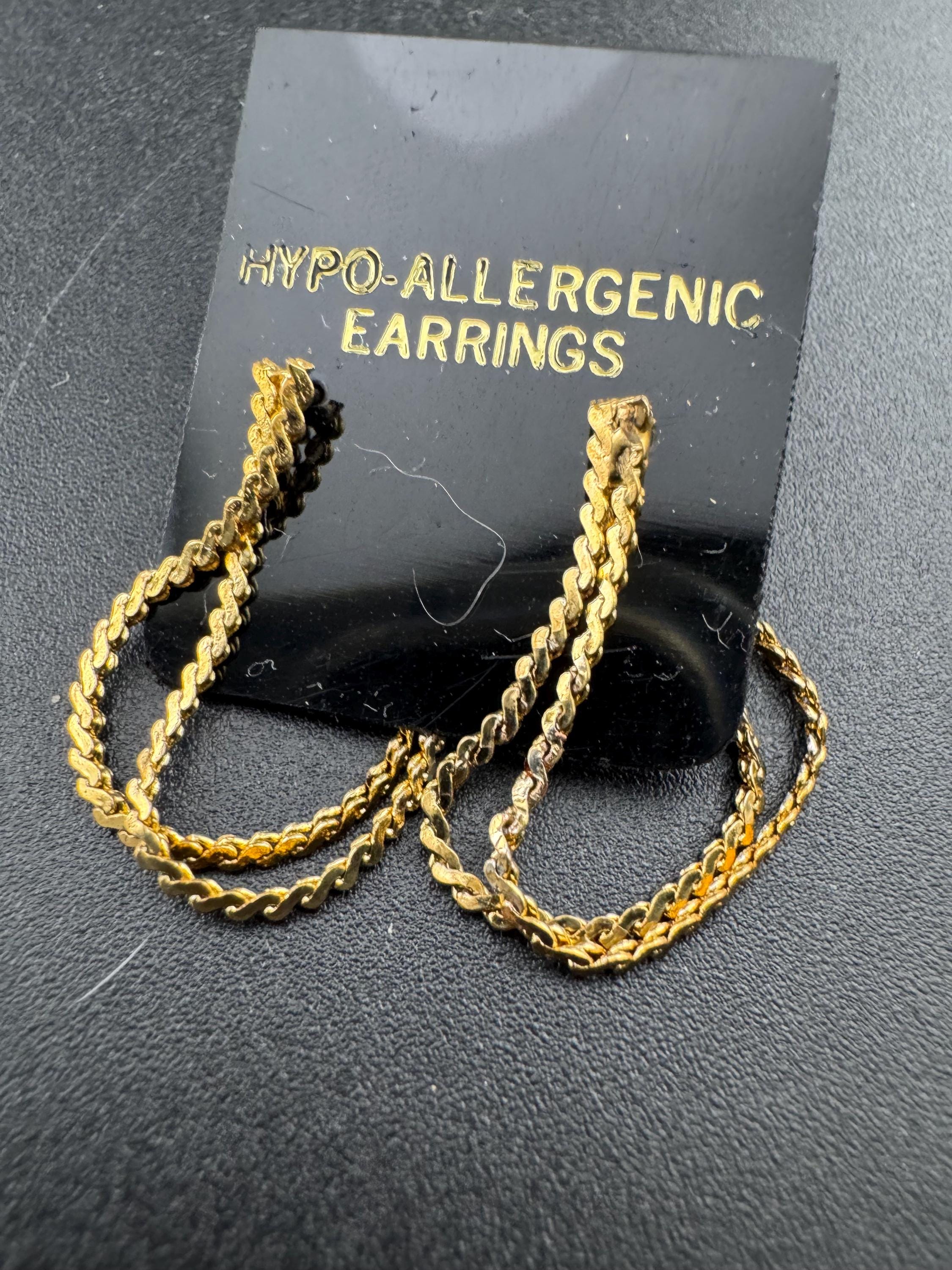 Vintage 1980s Serpentine chain Hoop Earrings: Hypoallergenic, Gold Tone