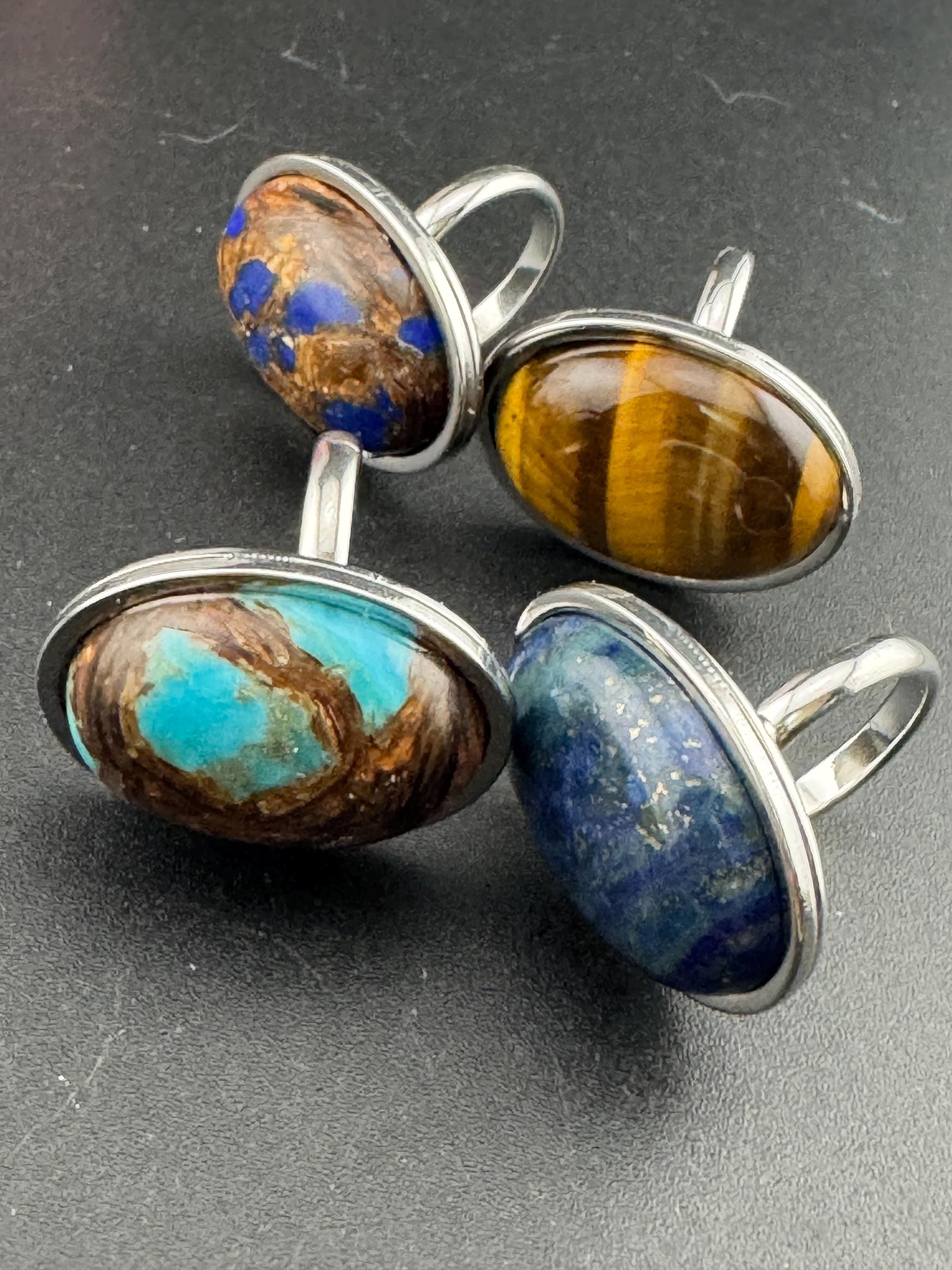 Oversized Oval Lapis Lazuli Ring: Stainless Steel Adjustable Fit