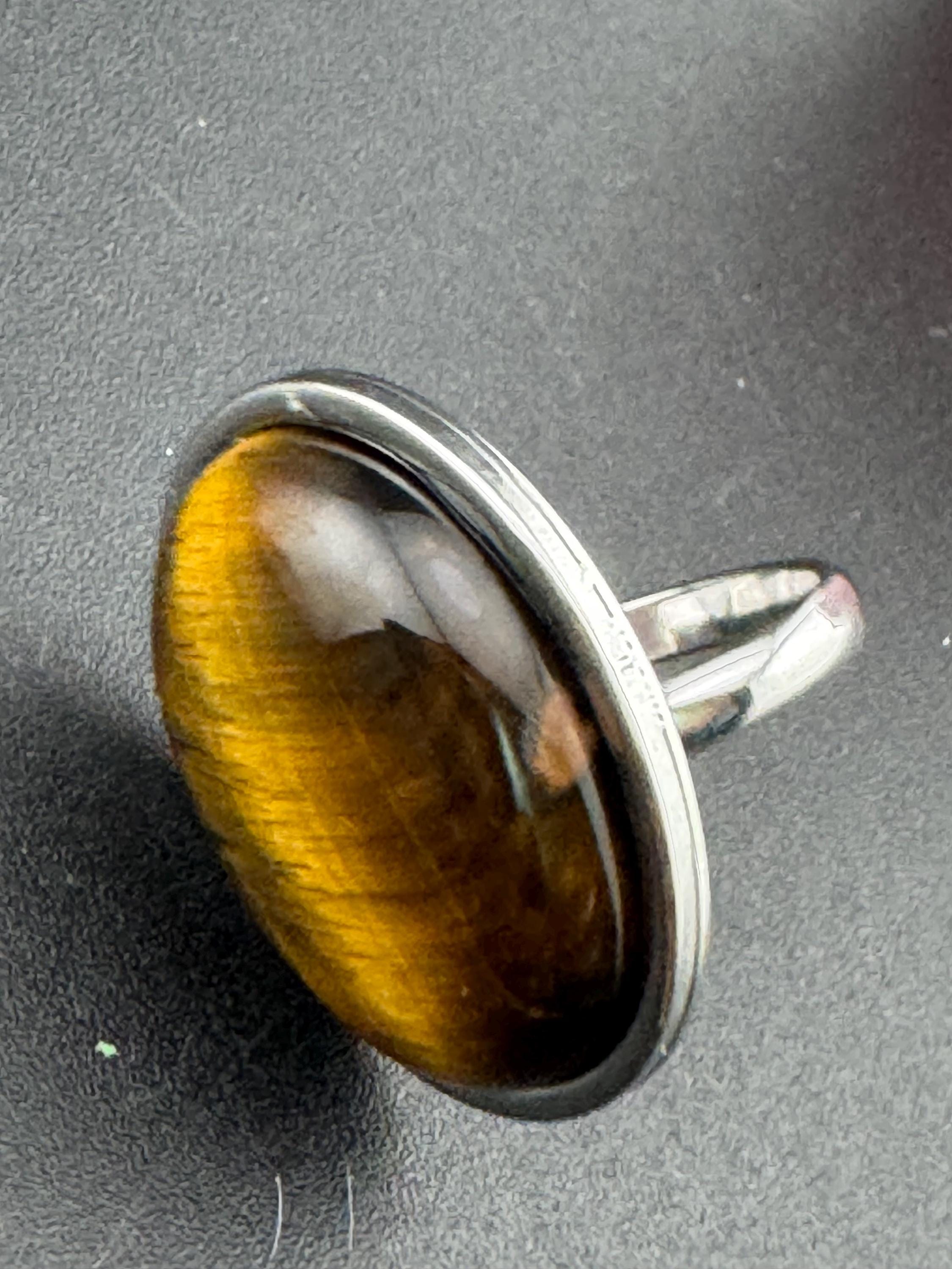 Oversized Oval Tigers Eye Ring: Adjustable Stainless Steel