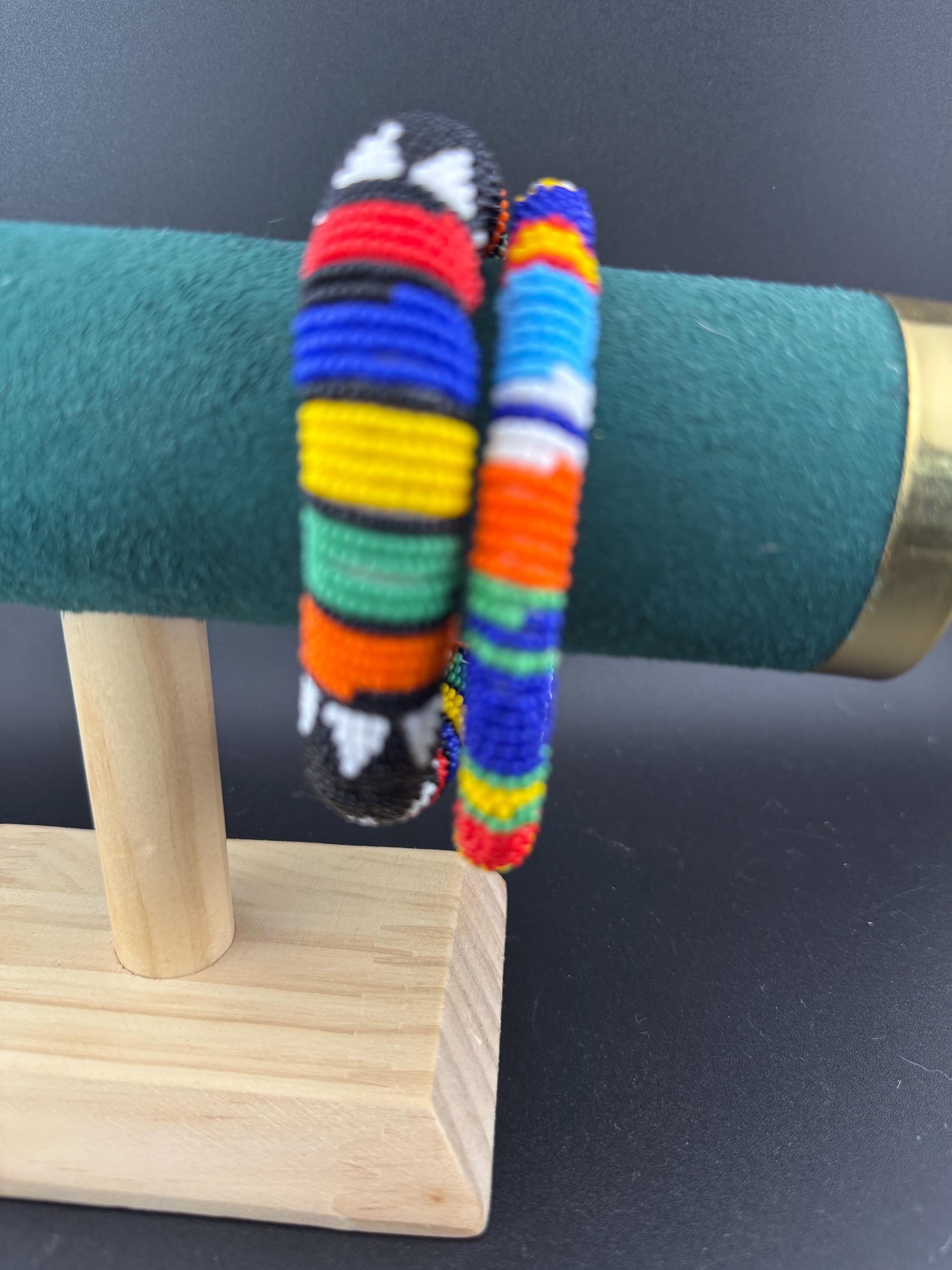 African Seed Beaded Bangle Bracelets: Colorful Vintage Pair