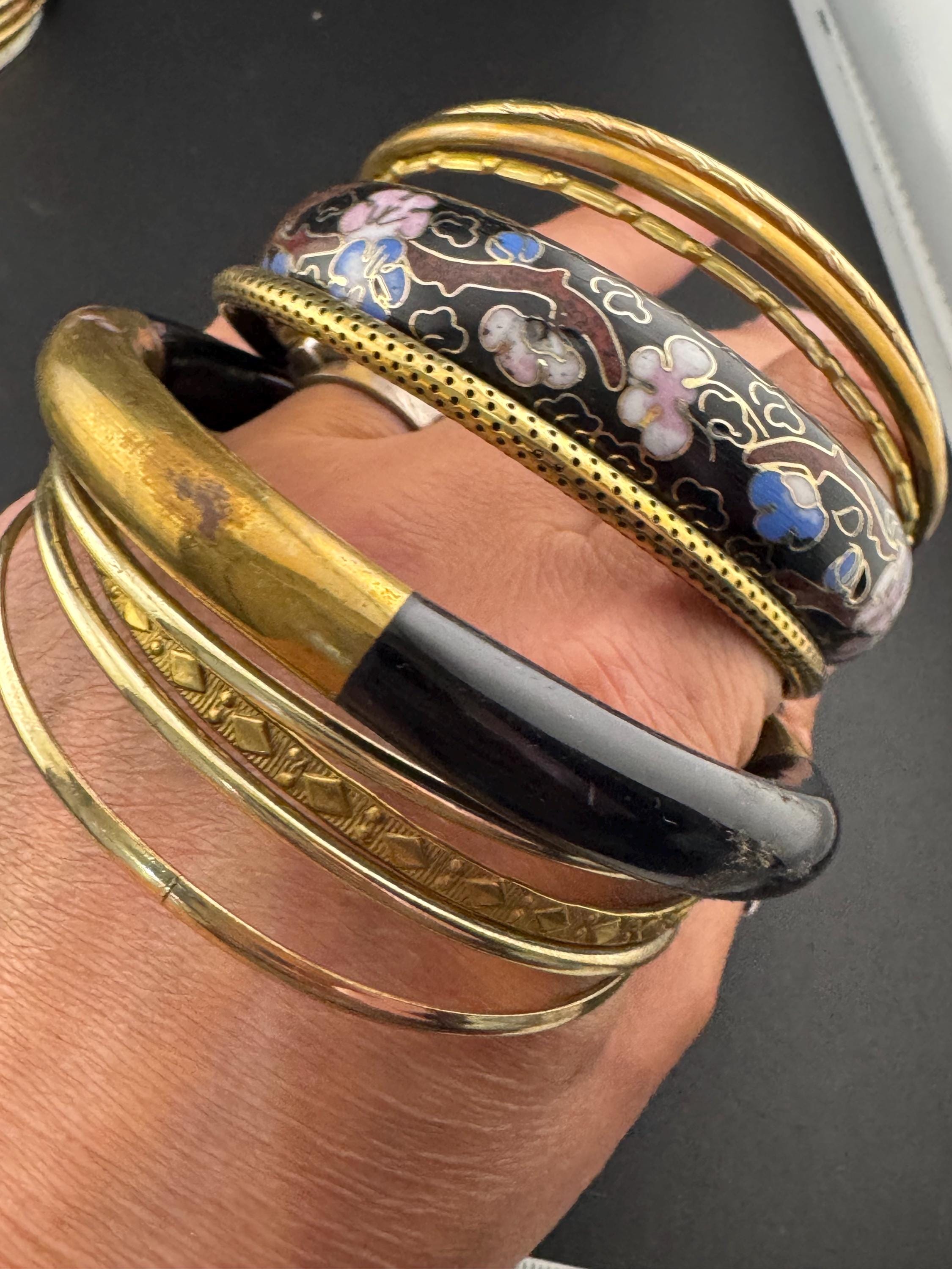 Gold and black tones vintage curated set of stacking bangles Bangle stack eastern metal hippy boho festival bracelets