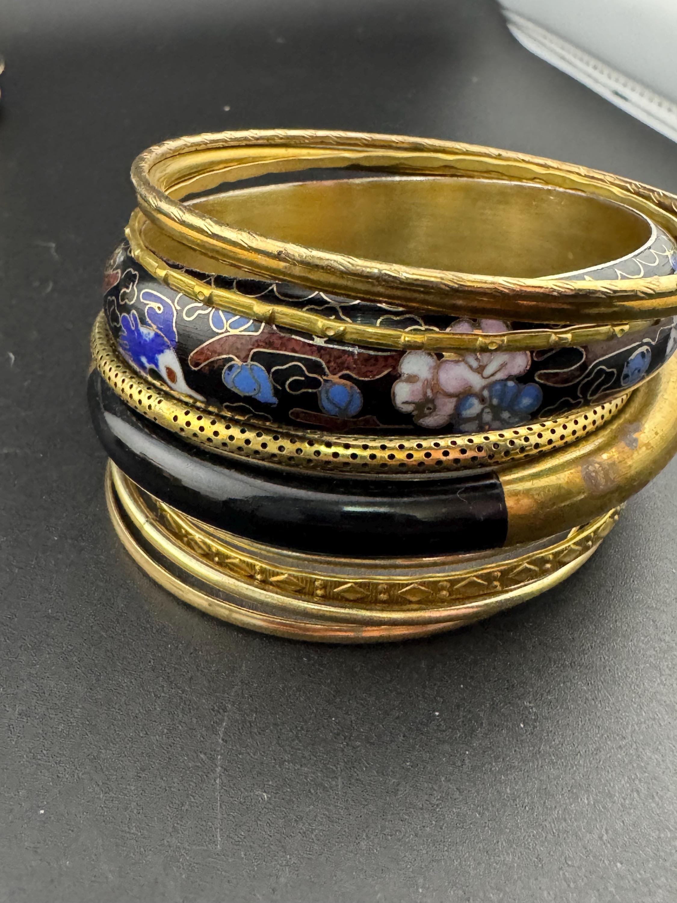 Gold and black tones vintage curated set of stacking bangles Bangle stack eastern metal hippy boho festival bracelets