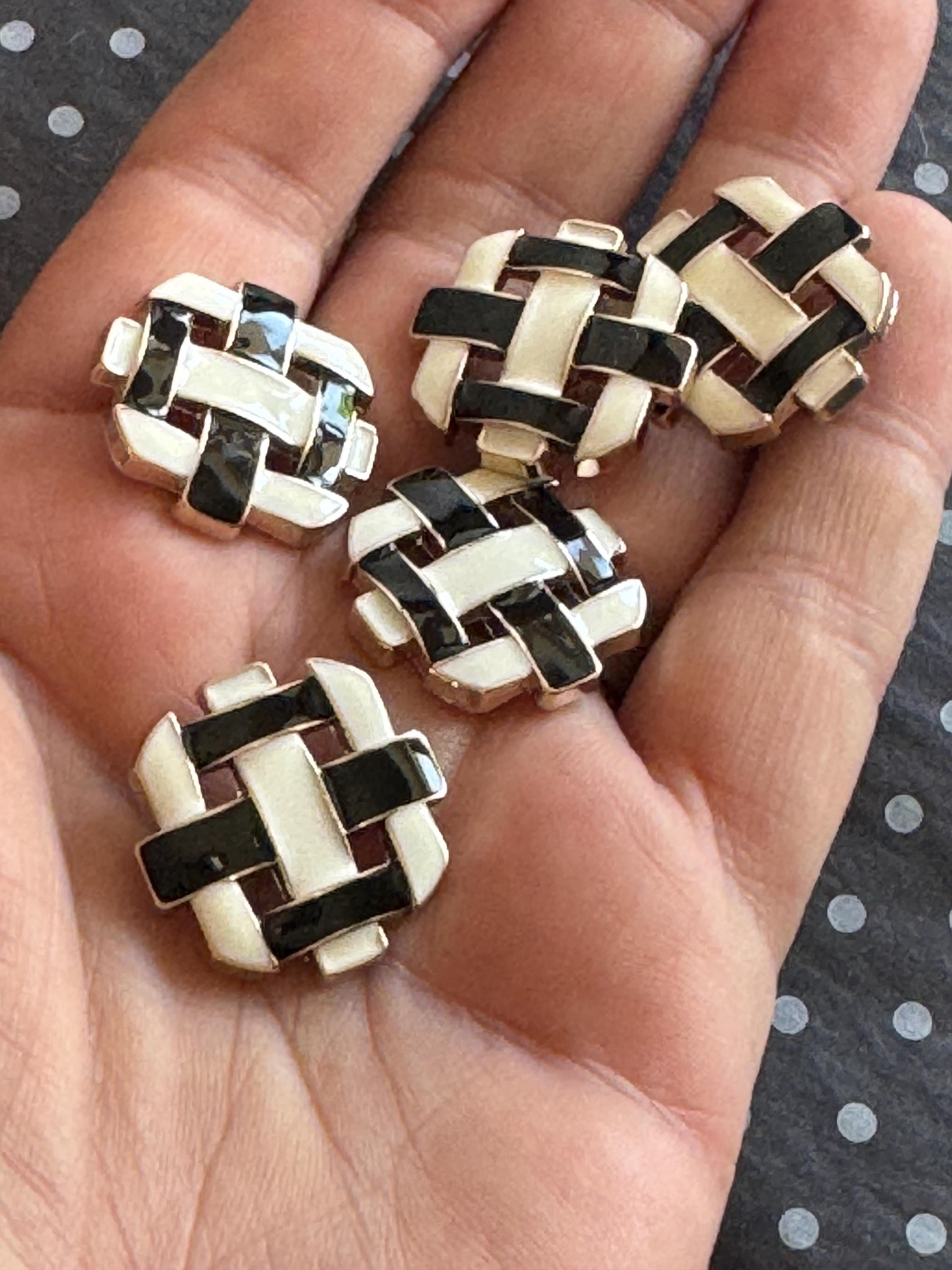 5 Black and White Woven Enamel Buttons, Silver Tone (24mm)