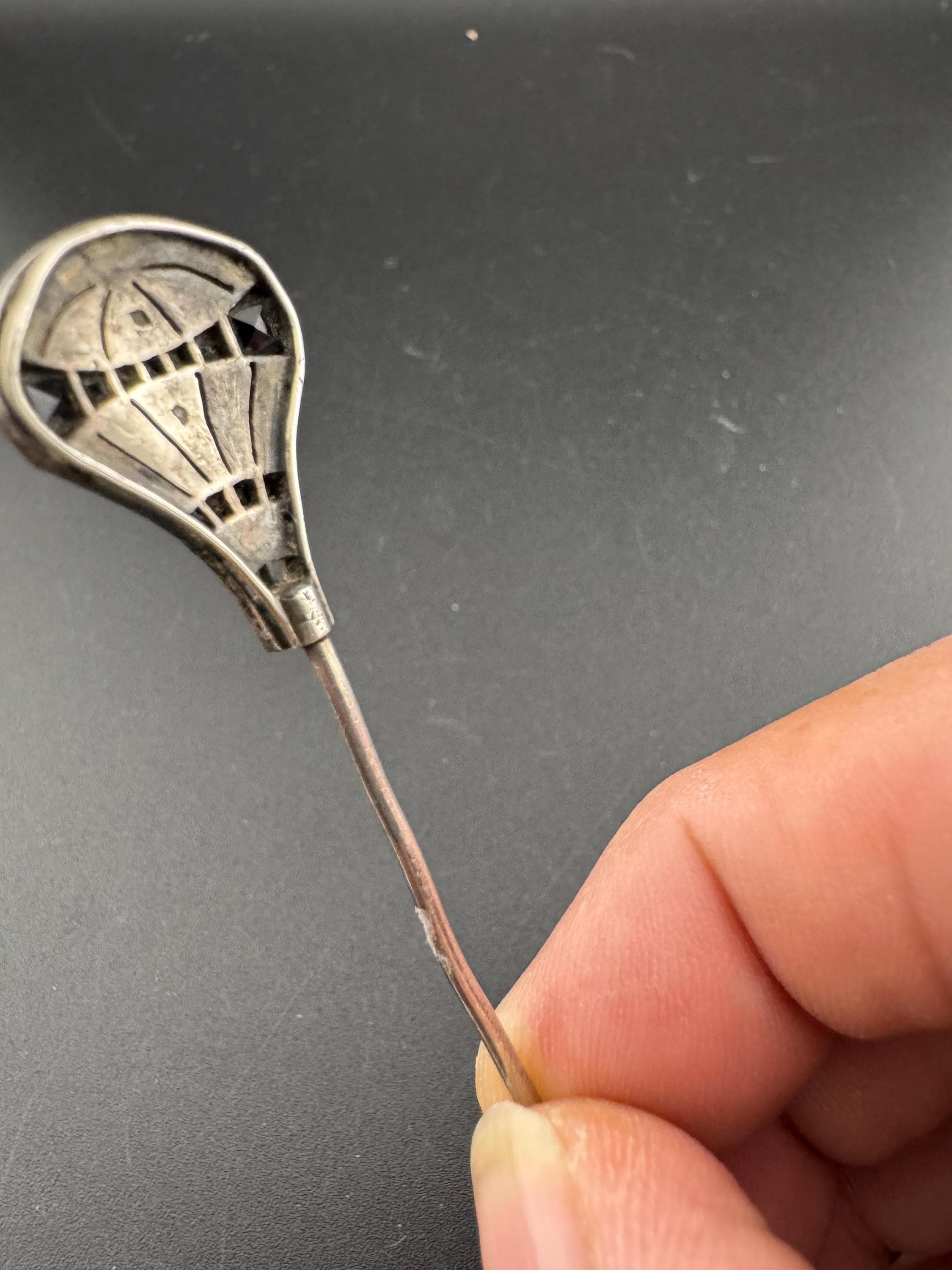 Novelty hot air balloon Sterling Silver Antique clear and black gem set stick pin note 2 missing