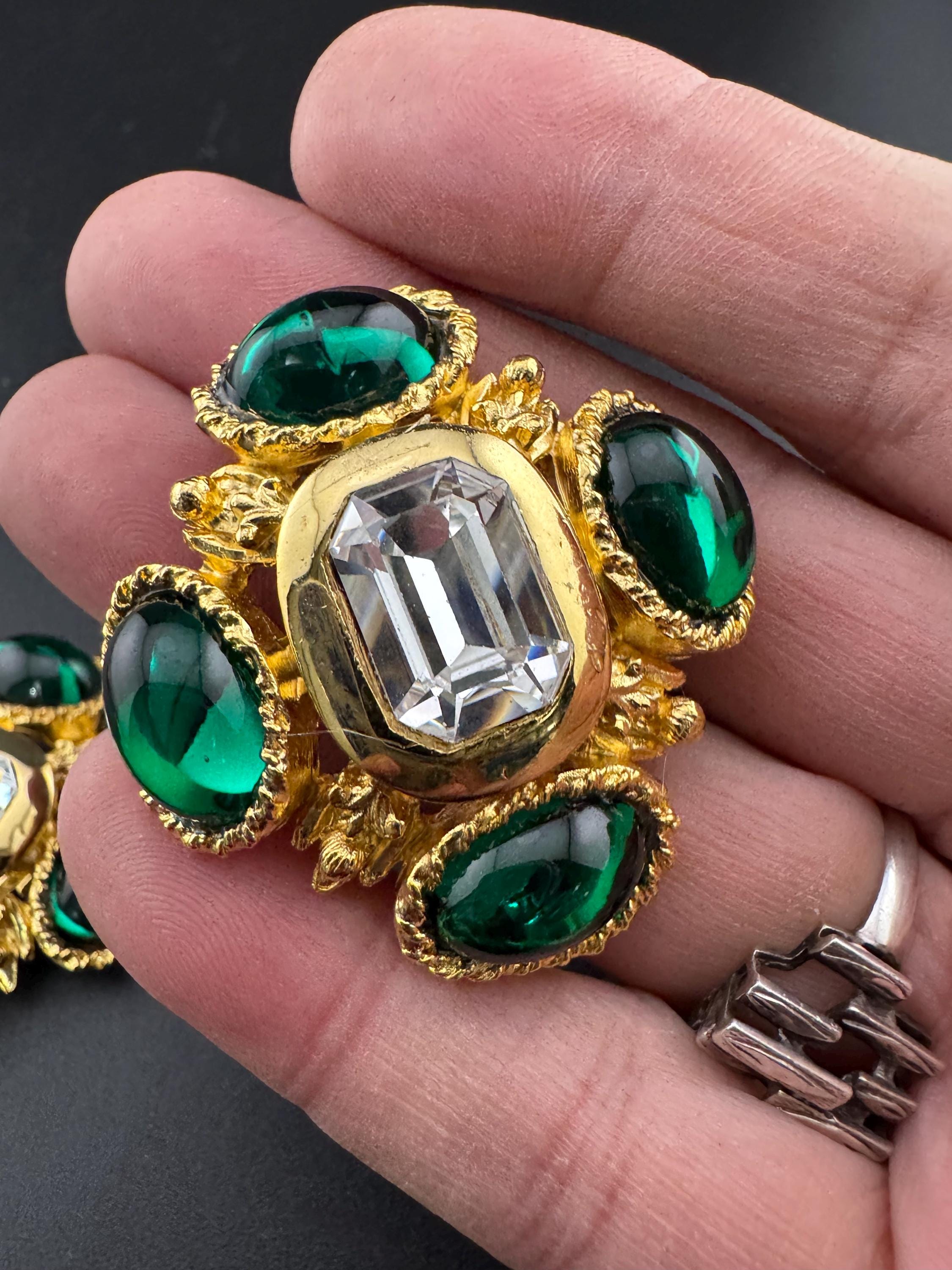 vintage oversized 4cm Gold tone emerald green cabochon and clear Swarovski crystal cross earrings 1980s